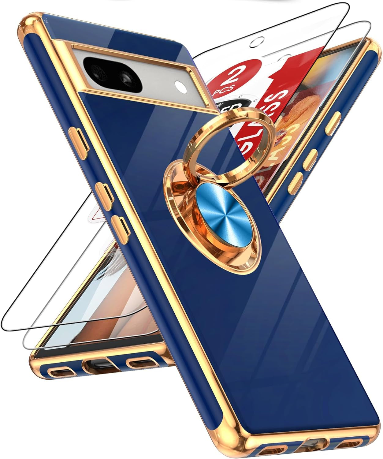 Leyi for Pixel 6A Case: with Tempered Glass Screen Protector [2 Pack] 360° Rotatable Ring Holder Magnetic Kickstand, Plating Rose Gold Edge Protective Google Pixel 6A Case, Pink  LeYi Blue Google Pixel 7A 