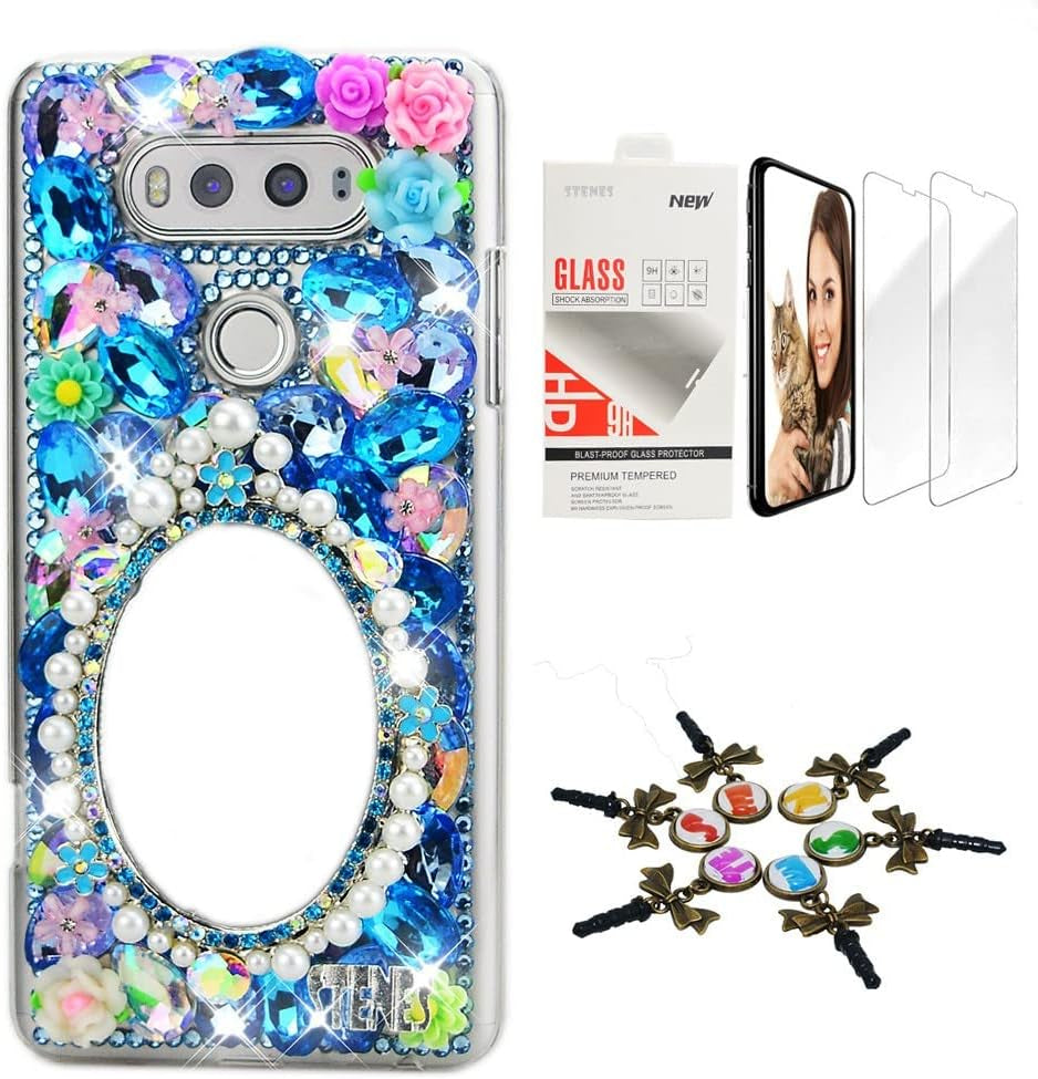 STENES Bling Case Compatible with LG G6 / LG G6 plus - Stylish - 3D Handmade [Sparkle Series] Girls Mirror Flowers Design Cover with Screen Protector [2 Pack] - Blue  STENES   