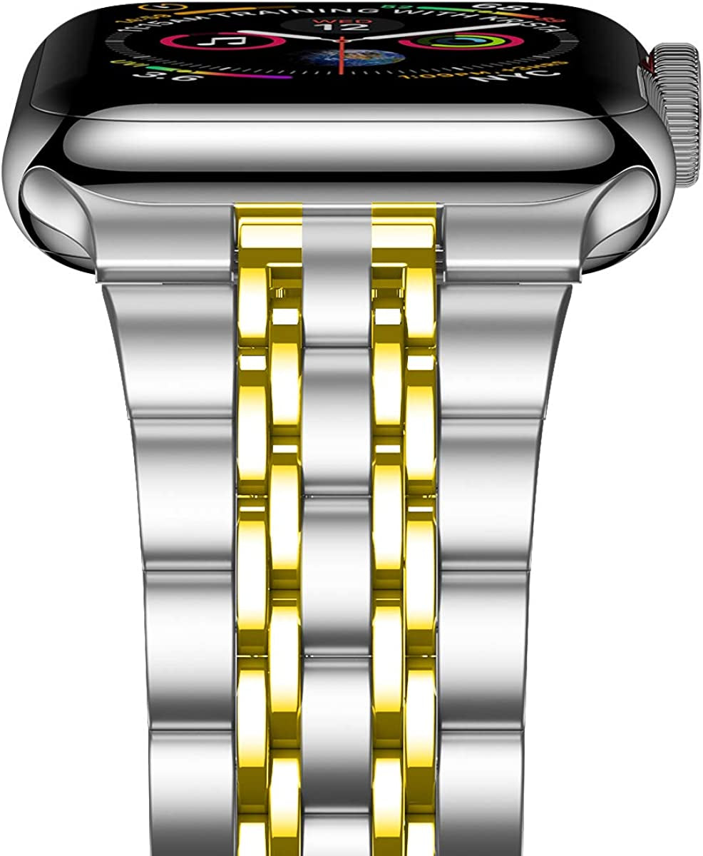 Iiteeology Metal Band Compatible with Apple Watch Band 49Mm 45Mm 44Mm 42Mm 41Mm 40Mm 38Mm, Upgraded Business Stainless Steel Link Band for Apple Watch Ultra Series 8/7/6/5/4/3/2/1/SE  iitee Silver/Gold-7 Beads 41mm/40mm/38mm 