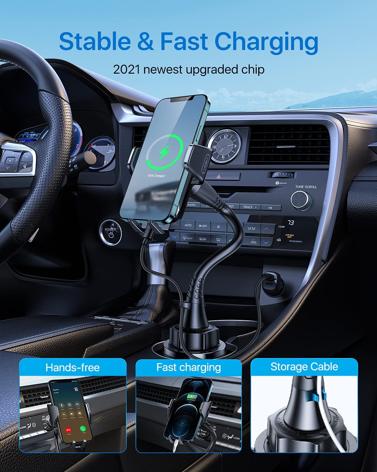 [Fast Charging] Andobil 15In Wireless Car Charger, [Upgraded Secure Chip] Qi Car Cup Phone Mount with Adapter Adjustable Gooseneck Cup Holder Charger Compatible with Iphone 14 13 12 Pro Max S22 S21  andobil   