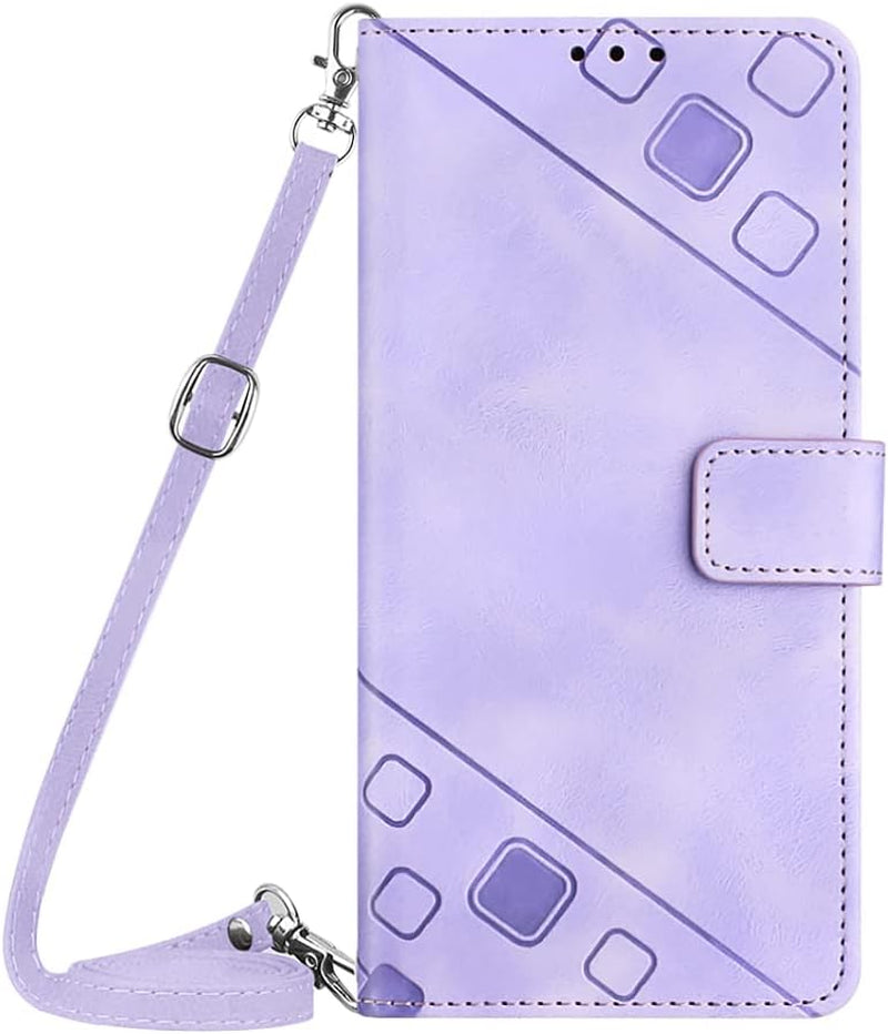 NVWA Compatible with Sony Xperia 1 V Case Wallet with Credit Card Slots Kickstand Wrist Strap and Long Lanyard Blue Leather Crossbody Protective Cover with Embossed Design  NVWA Purple Crossbody Bag Style Sony Xperia 1 V 