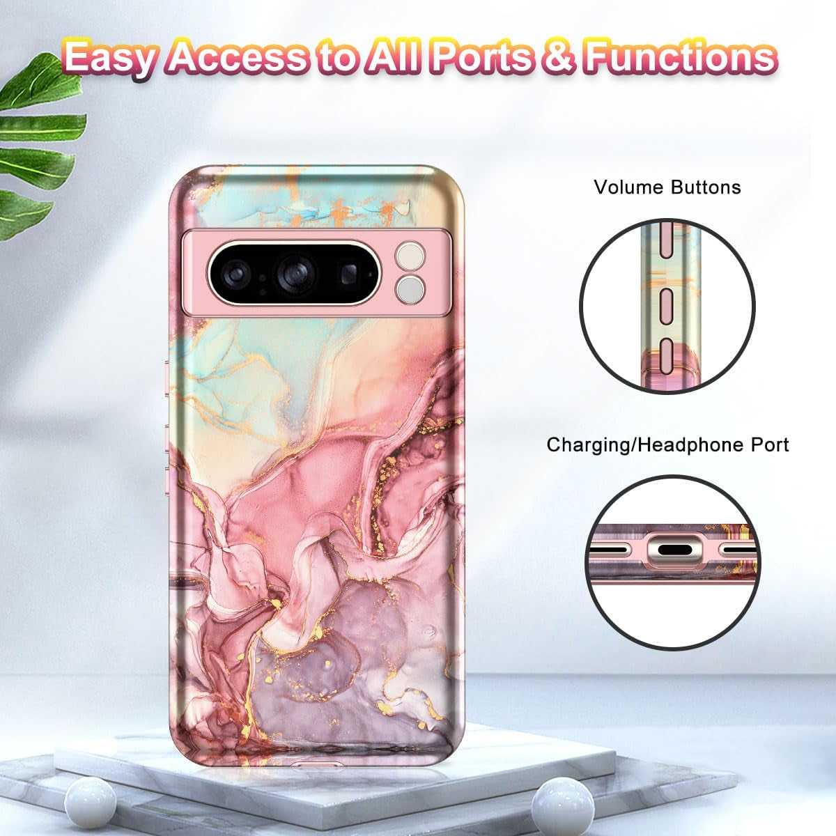 Btscase for Google Pixel 8 Pro Case (2023), Marble Pattern 3 in 1 Heavy Duty Shockproof Full Body Rugged Hard Pc+Soft Silicone Drop Protective Women Girl Cover for Google Pixel 8 Pro, Rose Gold  Btscase   