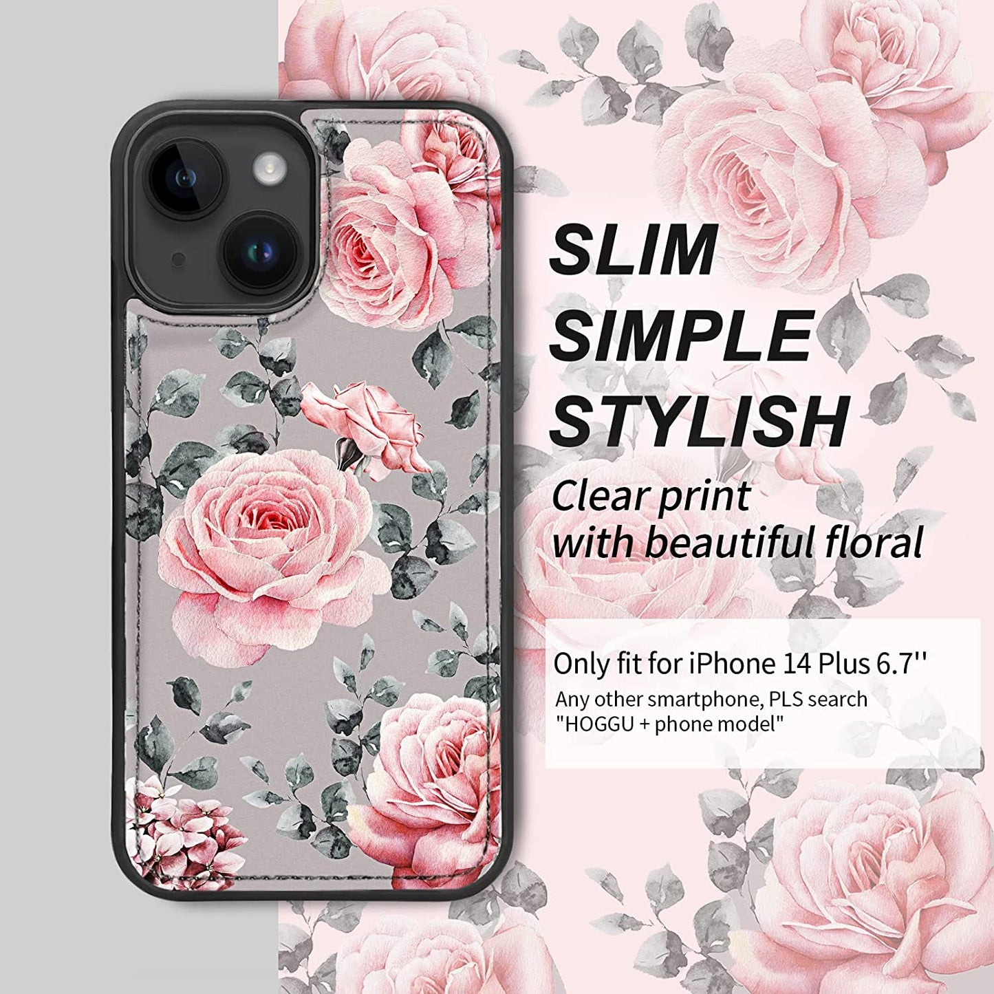 HOGGU Iphone 14 plus Case Wallet [Compatible with Magsafe] Magnetic Detachable Floral Flip PU Leather Case with Card Holder RFID Blocking, Hand Strap, Iphone 14 plus Wallet Case for Women Girls-Gray  HOGGU   