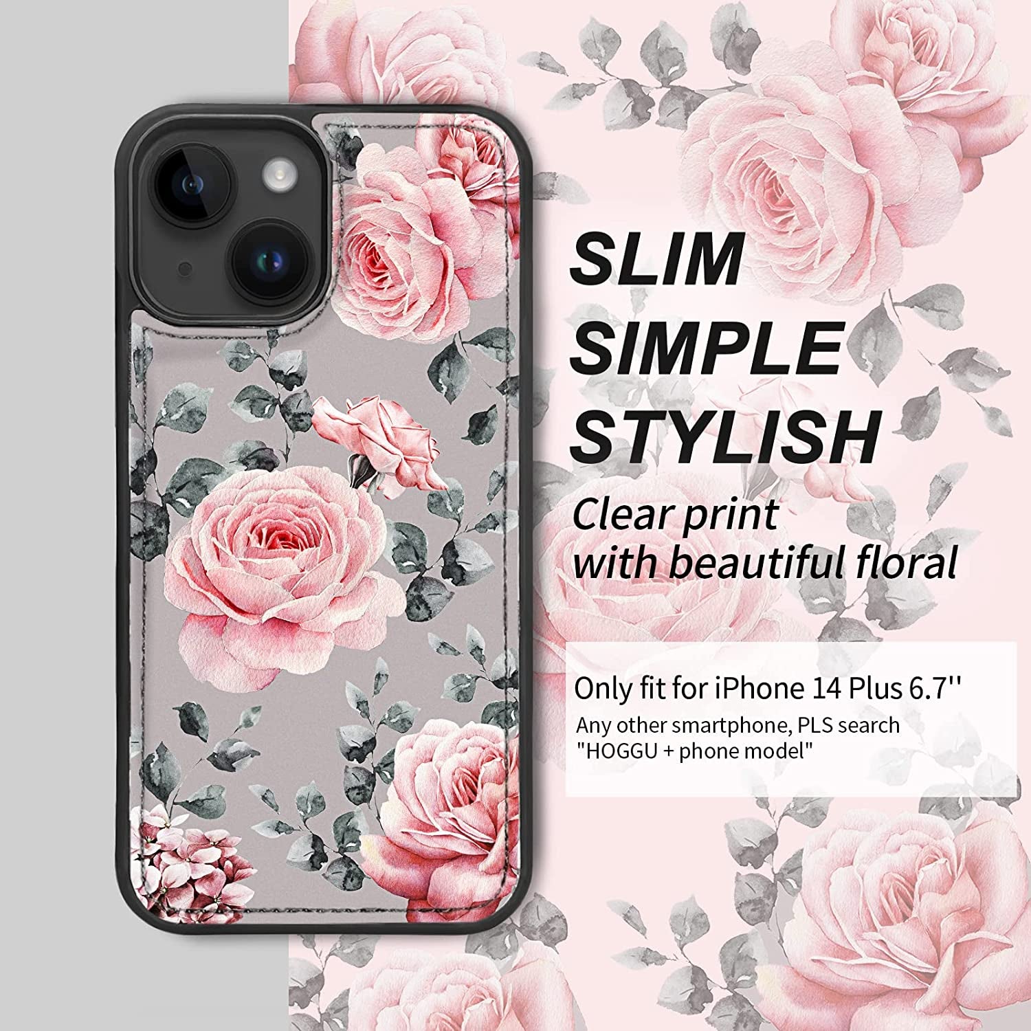 HOGGU Iphone 14 plus Case Wallet [Compatible with Magsafe] Magnetic Detachable Floral Flip PU Leather Case with Card Holder RFID Blocking, Hand Strap, Iphone 14 plus Wallet Case for Women Girls-Gray  HOGGU   