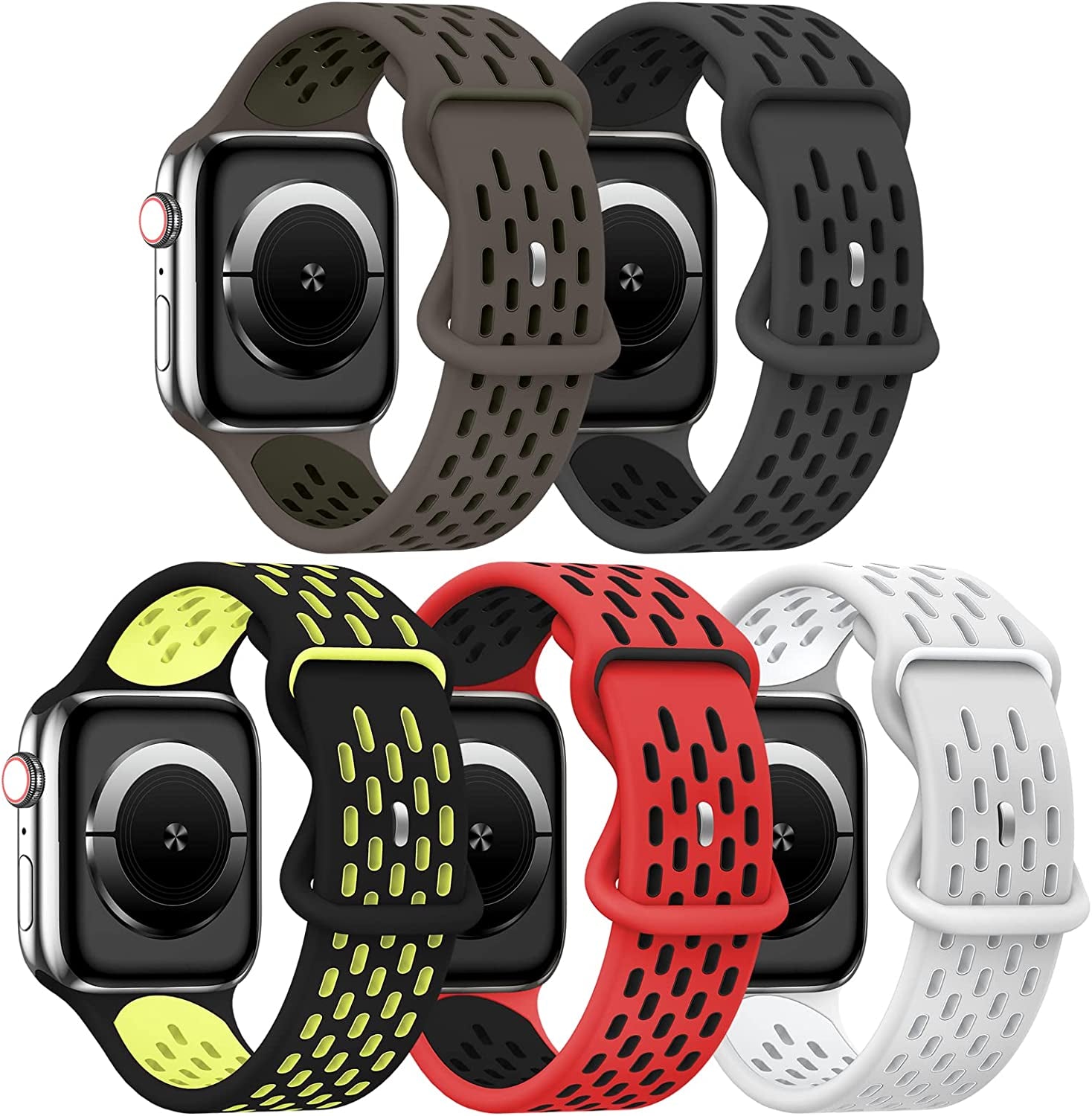 TSAAGAN 5 Pack Sport Silicone Bands Compatible for Apple Watch Band 49Mm 41Mm 45Mm 40Mm 44Mm 38Mm 42Mm, Breathable Strap Replacement Wristband for Iwatch Ultra Series 8/7/SE/6/5/4/3/2/1 Women & Men  TSAAGAN Olivegray Khaki/Anthracite Black/Black Green/Red Black/Gray White 42/44/45/49mm 