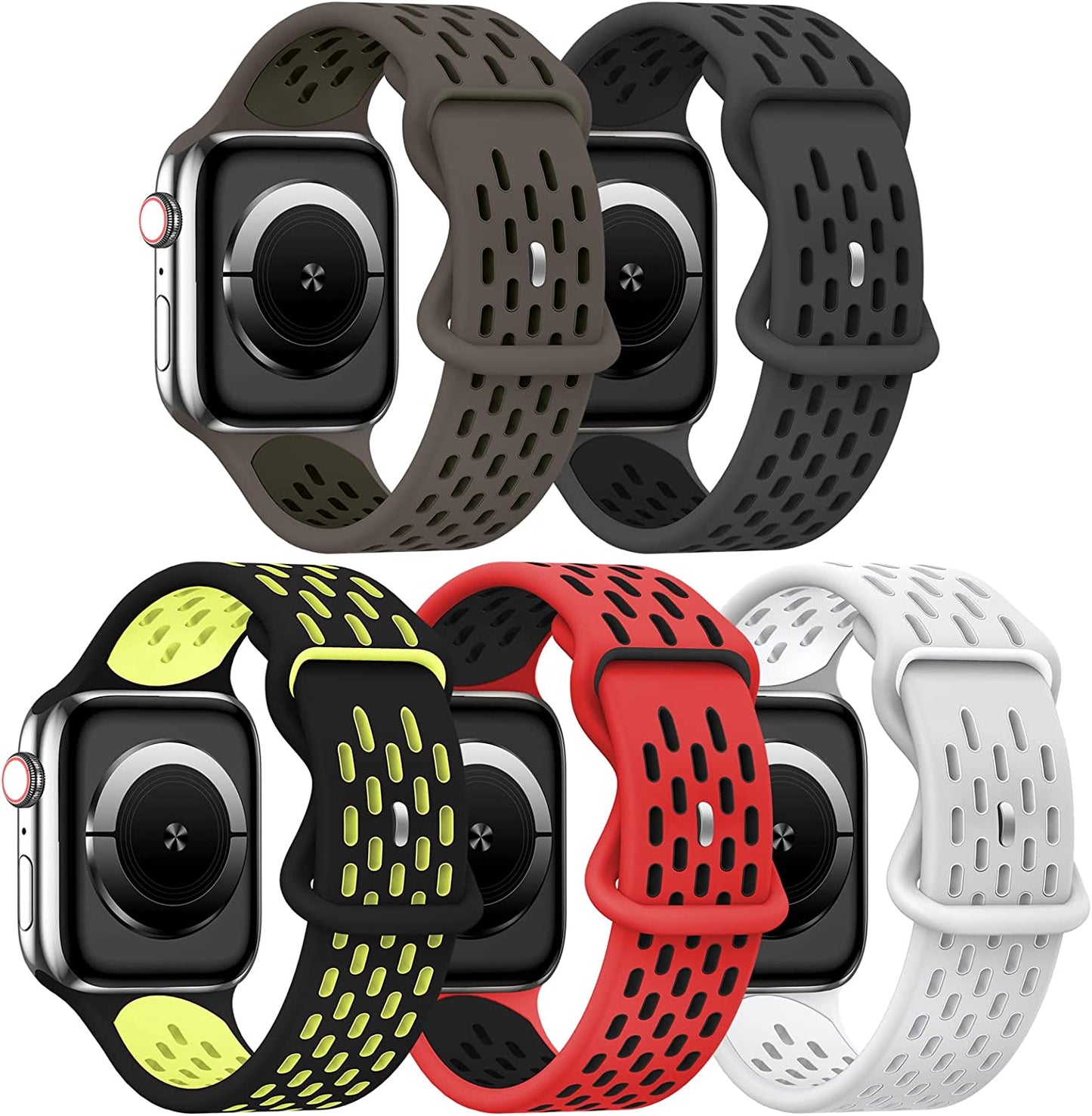 TSAAGAN 5 Pack Sport Silicone Bands Compatible for Apple Watch Band 49Mm 41Mm 45Mm 40Mm 44Mm 38Mm 42Mm, Breathable Strap Replacement Wristband for Iwatch Ultra Series 8/7/SE/6/5/4/3/2/1 Women & Men  TSAAGAN Olivegray Khaki/Anthracite Black/Black Green/Red Black/Gray White 38/40/41mm 