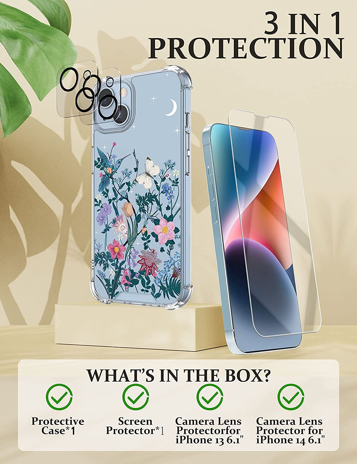 Cutebe [3 in 1 Crystal Phone Case for Iphone 13(2021)/Iphone 14(2022) 6.1", Cute Protective Cover with 9H Temper Glass Screen Protector + HD Temper Camera Lens Protector for Women, Girls  Cutebe   