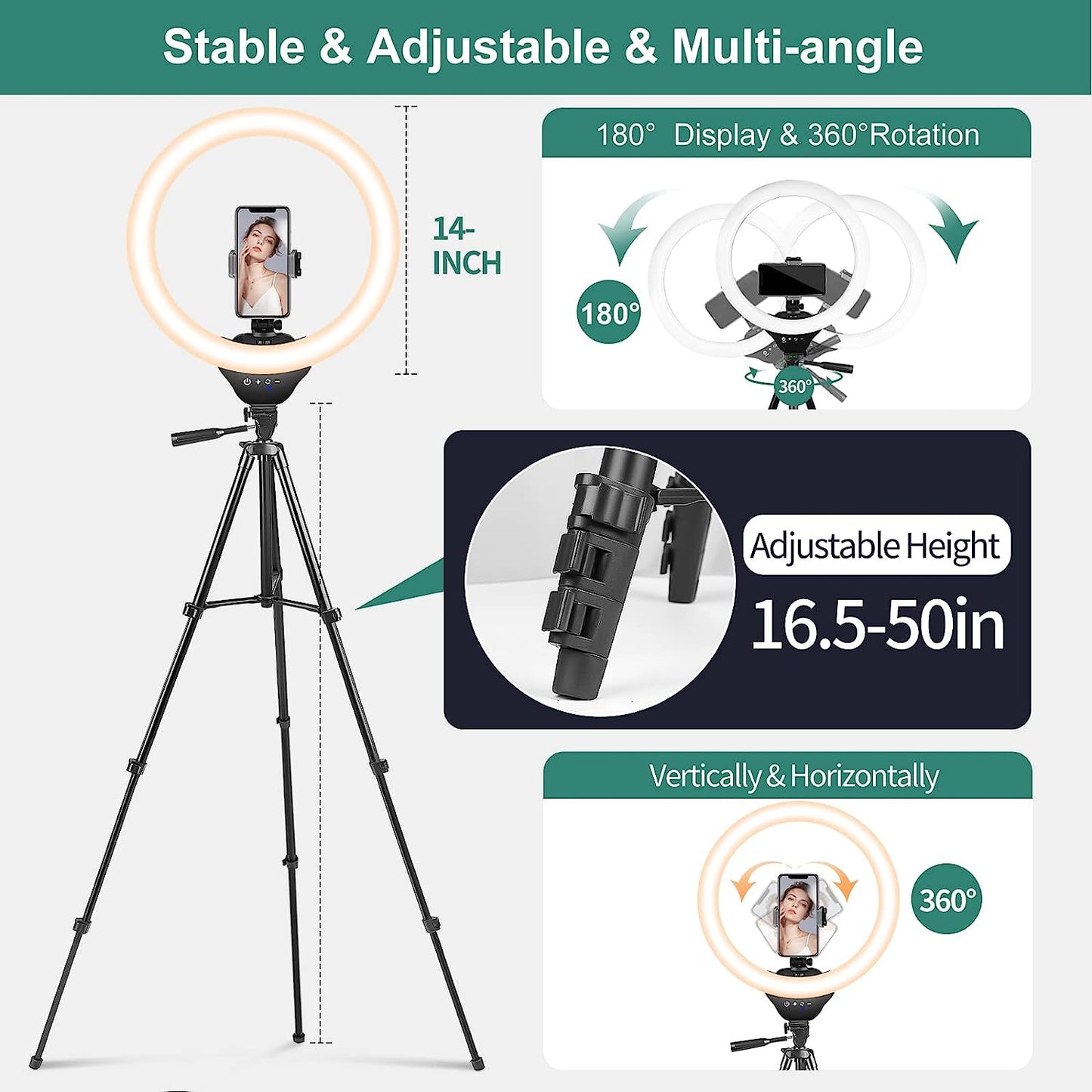 Torjim 14'' Ring Light with Tripod Stand, LED Selfie Ring Light with Stand and Phone Holder, Perfect for Tiktok/Youtube/Recording/Photography/Makeup, Compatible with All Phones  Torjim   
