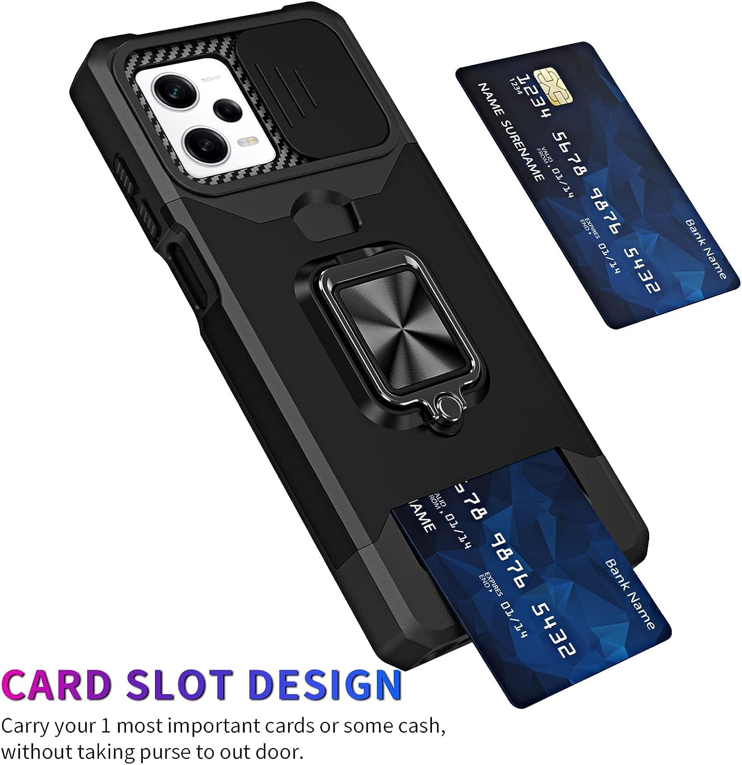 Ysnzaq for Xiaomi Redmi Note 12 Pro Case with Card Holder and Sliding Camera, Military Grade Shockproof Protective Phone Cover for Xiaomi Redmi Note 12 Pro/Poco X5 Pro YHZH Black  Ysnzaq   