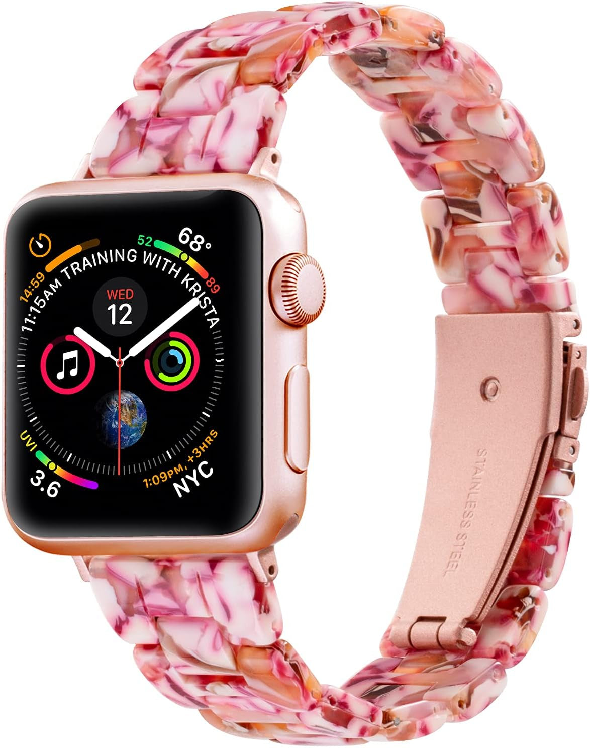 Sangaimei Light Fashion Resin Apple Watch Band with Stainless Steel Buckle Compatible Apple Watch Band 45Mm 44Mm 42Mm 41Mm 40Mm 38Mm Replacement Iwatch Series 8 7 6 5 4 3 2 1 SE for Women Starlight  SaNgaiMEi pink flower 38mm/40mm/41mm 