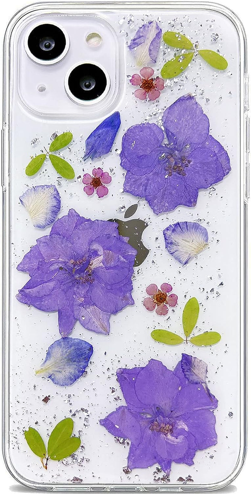 Abbery Designed for Iphone 13 Pressed Flower Case, Cute Clear with Design Soft Silicone Rubber Dried Real Flowers Floral Aesthetic Case for Iphone 13 6.1 Inch (Glitter Blue)  Abbery Violet Flower  