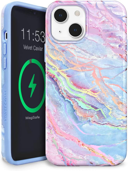Velvet Caviar Designed for Iphone 14 Case for Women [10Ft Drop Tested] Compatible with Magsafe - Cute Magnetic Phone Cover - Protective Microfiber Lining (Holographic Blue Marble)  Velvet Caviar Holographic Moonstone iPhone 14 Plus 