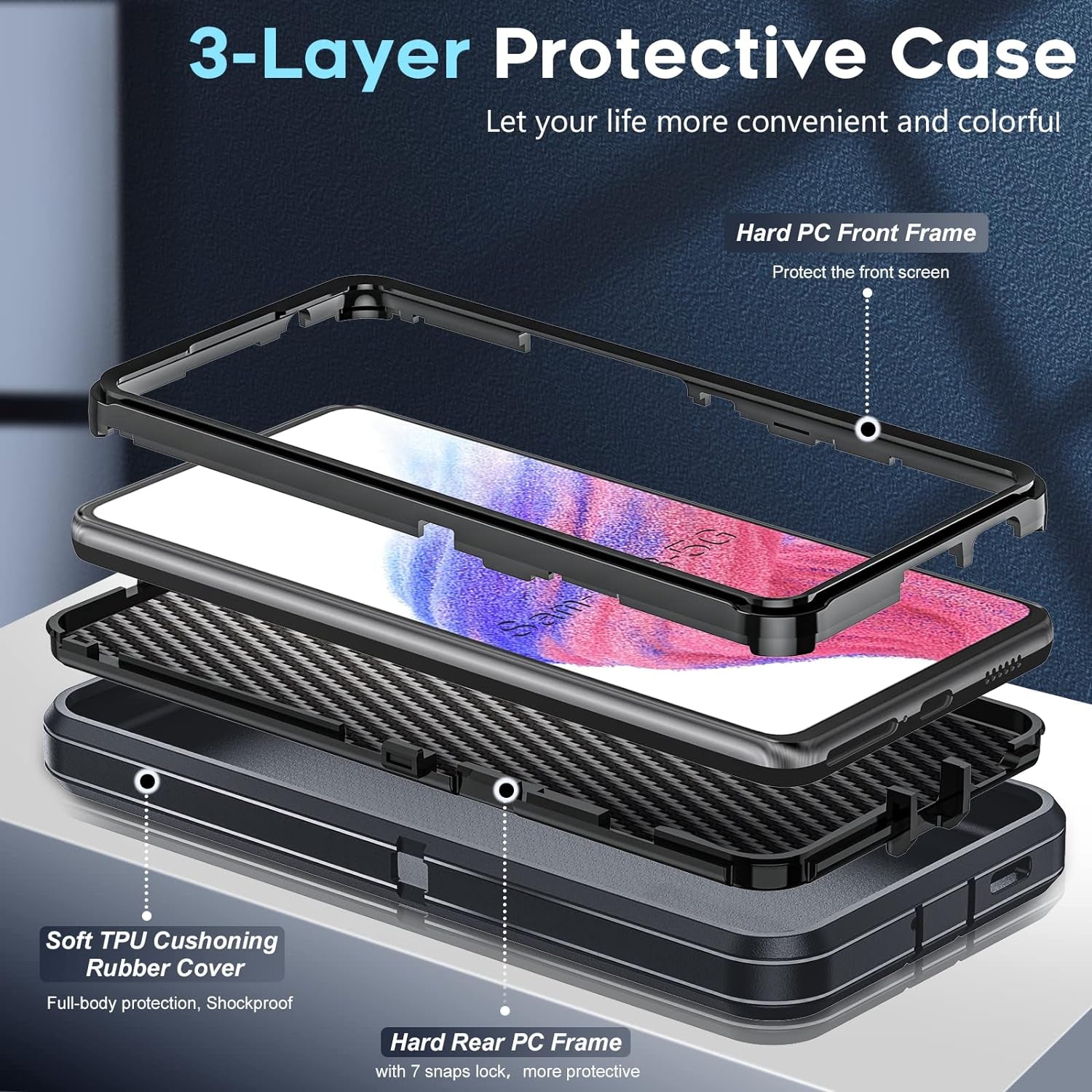 Leyi for Galaxy A53 5G Case: 3-In-1 Rugged Defender Protection with 2 Tempered Glass Screen Protectors, Shockproof & Dustproof - Black  LeYi   