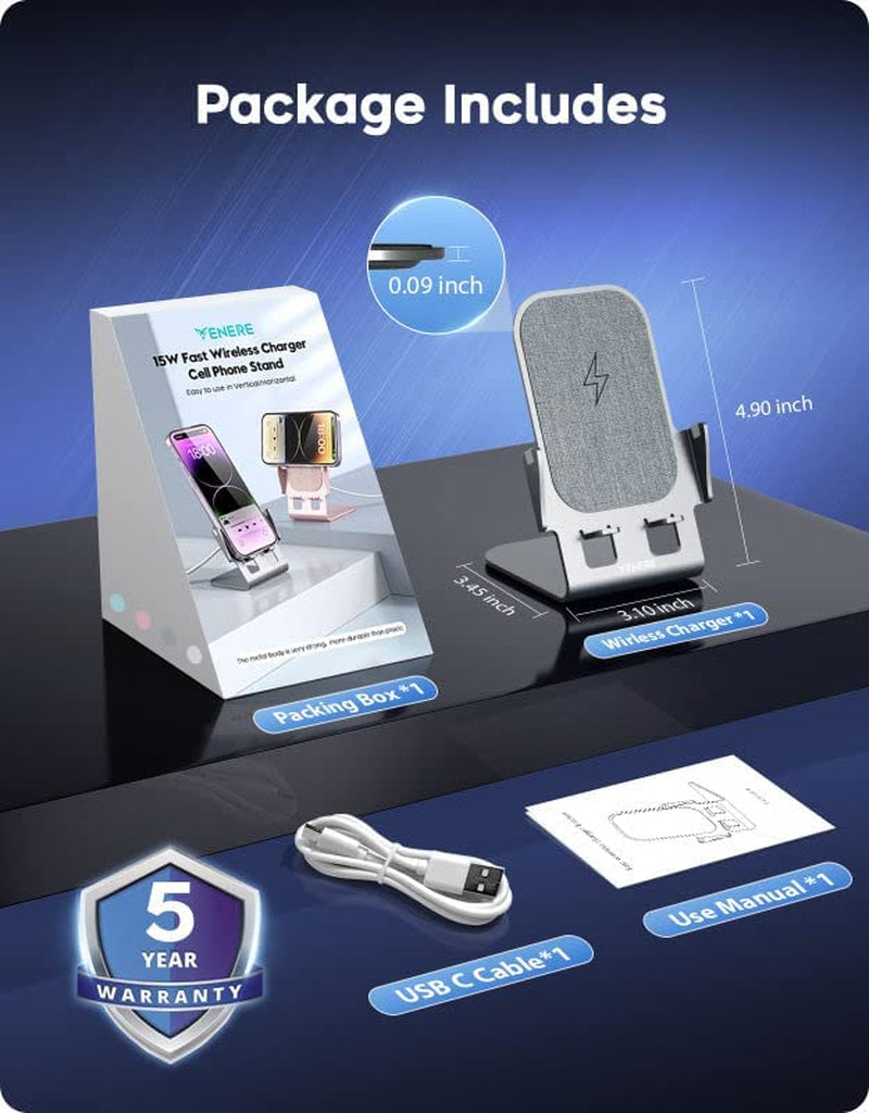 Wireless Charger, 15W Fast Wireless Charging, Ultra-Thin Aluminum Alloy Cell Phone Stand, Compatible with Iphone 14/13/12/11/X/8 Series, Samsung, Motorola, Huawei, Oneplus, Pixel, Qi Certified Device  Venere   