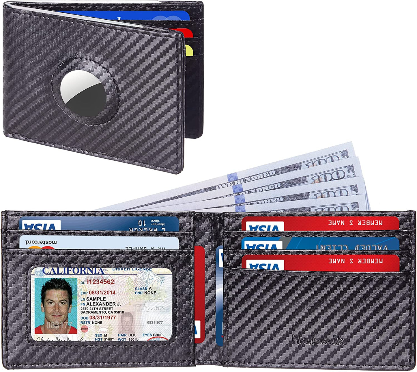 Hawanik Mens Bifold Wallet for Airtag Carbon Fiber Texture, Slim RFID Blocking Wallet with Built-In Holder for Airtag  Hawanik   