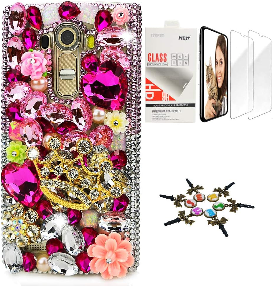 STENES Bling Case Compatible with LG G6 / LG G6 plus - Stylish - 3D Handmade [Sparkle Series] Pretty Butterfly Bowknot Rose Flowers Design Cover with Screen Protector [2 Pack] - Colorful  STENES Big Crown Sexy Flowers / Pink Design For Lg V40 Thinq 