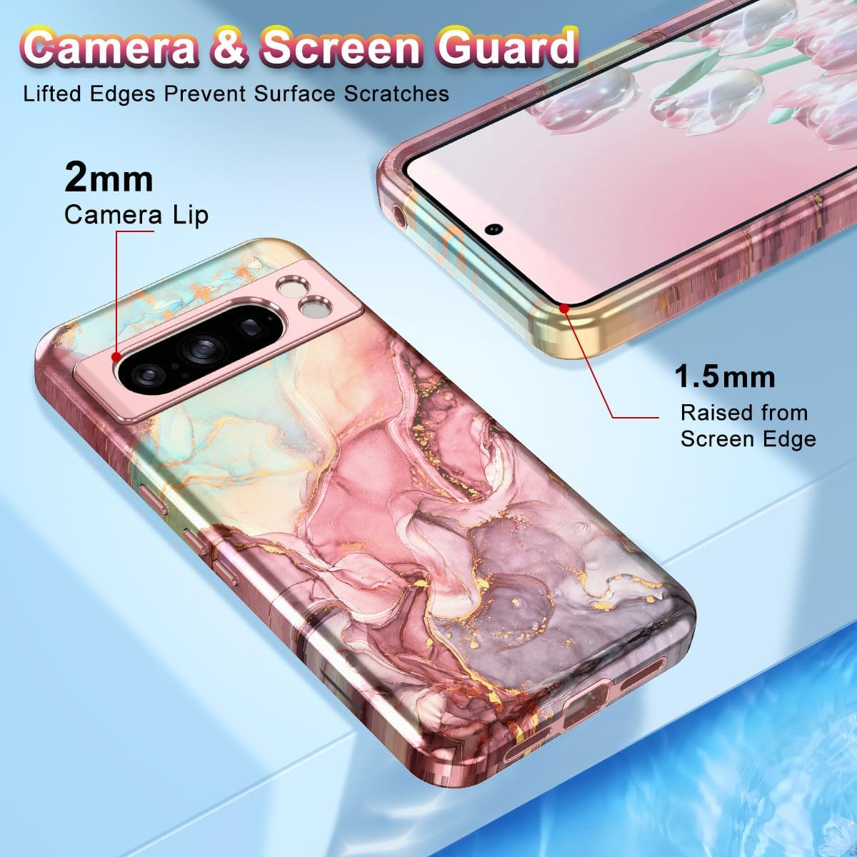 Btscase for Google Pixel 8 Pro Case (2023), Marble Pattern 3 in 1 Heavy Duty Shockproof Full Body Rugged Hard Pc+Soft Silicone Drop Protective Women Girl Cover for Google Pixel 8 Pro, Rose Gold  Btscase   