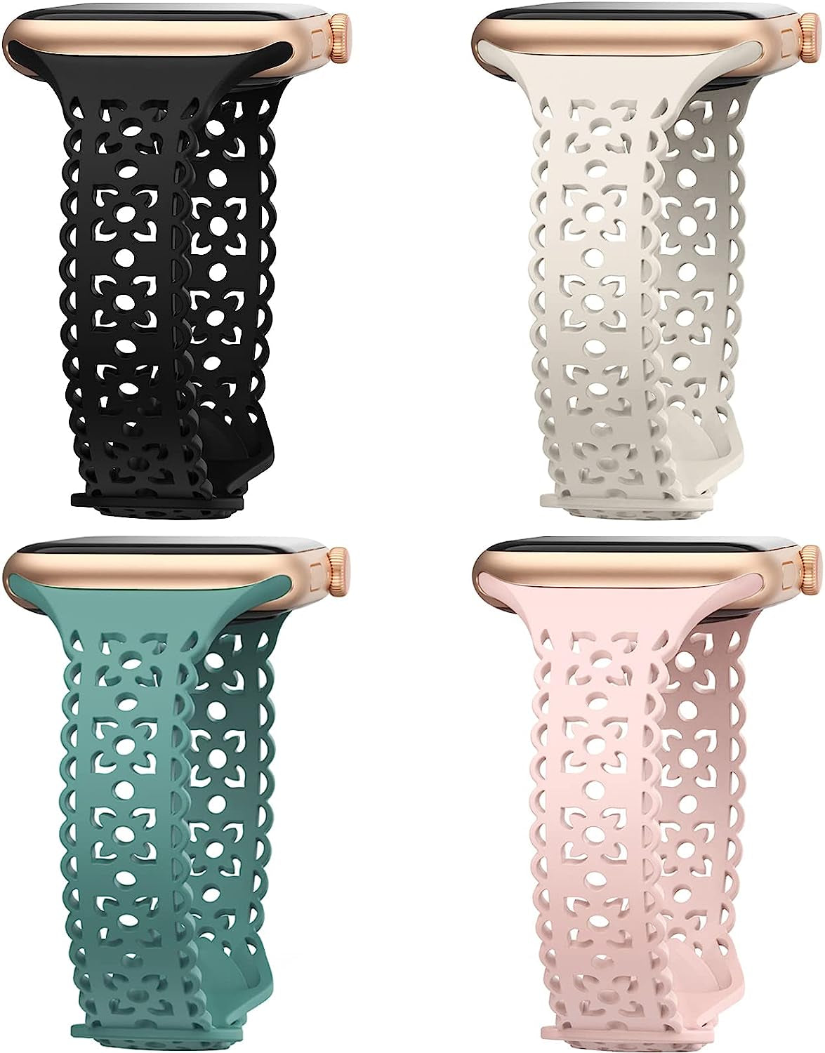 4 Pack Lace Silicone Band Compatible with Apple Watch Bands 40Mm 44Mm 41Mm 45Mm 38Mm 42Mm Women,Thin Slim Hollow-Out Sport Strap Replacement Wristbands for Iwatch Series Ultra 8 7 6 5 4 3 2 1 SE  HEARTBOOM Starlight/Cactus/Dark Pink/Black 42mm/44mm/45mm/49mm 