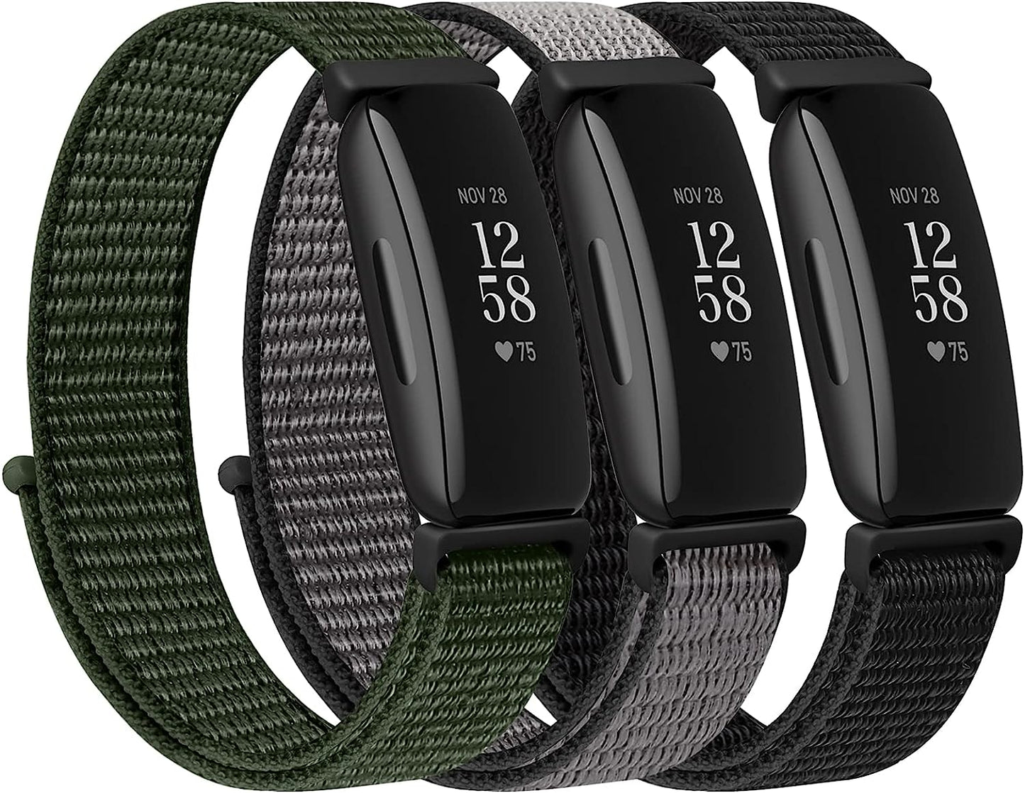 WNIPH Nylon Loop Watch Bands Compatible for Fitbit Inspire 2/ Inspire/ Inspire HR/ Ace 2/ Ace 3 Bands, Soft Adjustable Sport Loop Wristband Replacement Breathable Nylon Straps for Men Women Kids  WNIPH Dark Black+Olive Green+Iron Grey  