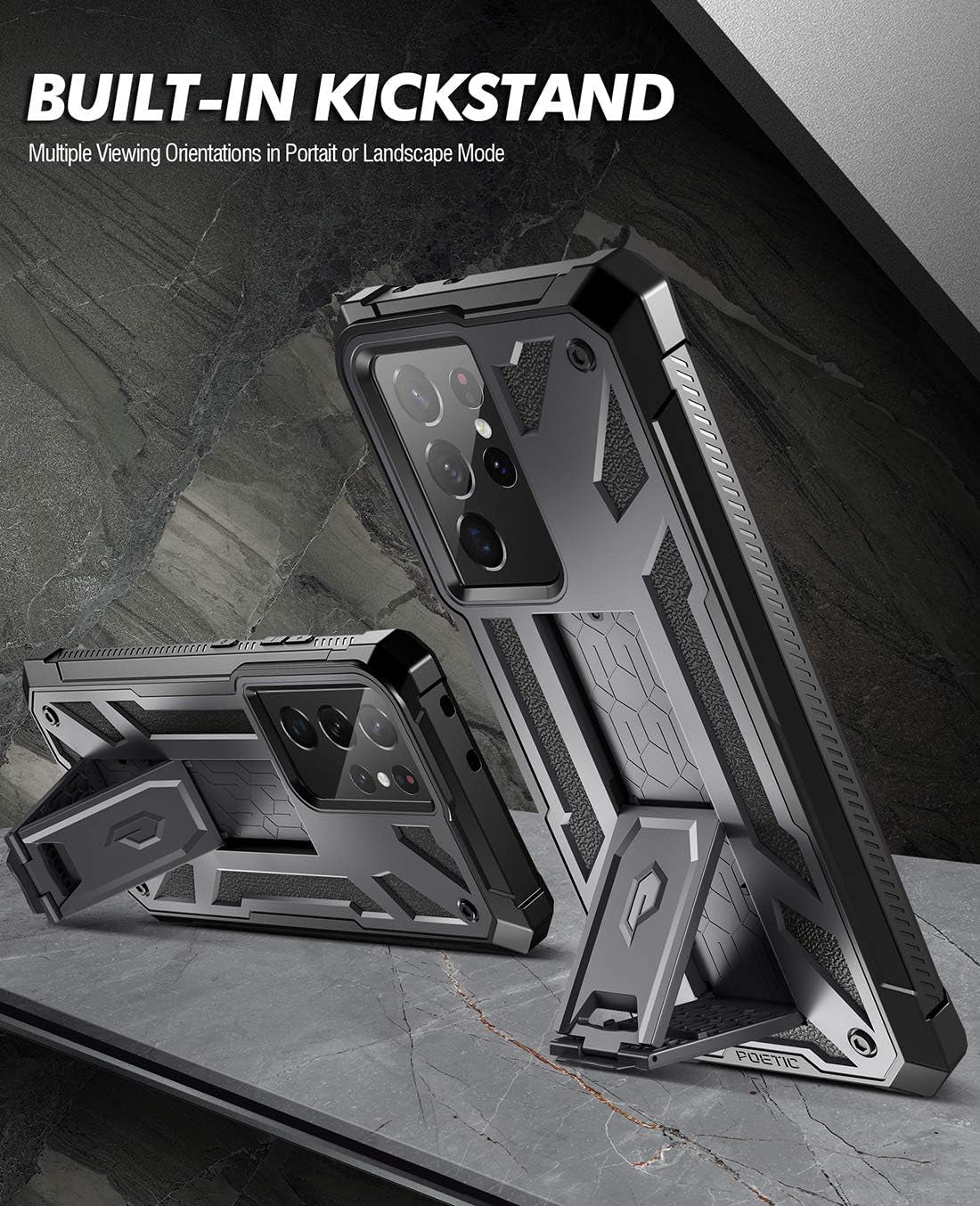 Poetic Spartan Case for Galaxy S21 Ultra 5G, 6.8" Screen Protector, Fingerprint ID, Rugged Shockproof Cover, Kickstand, Metallic Gun Metal  Poetic   