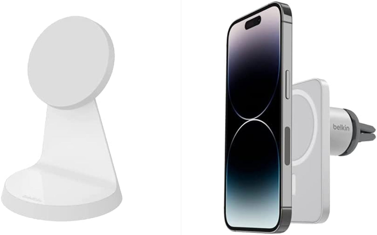 Belkin Magnetic Wireless Charger Stand - Magsafe Charger Compatible - Magnetic Iphone Charger - Wireless Charger - Works W/ Apple Iphone 14, Iphone 13 & Iphone 12 - Power Supply Not Included - Black  Belkin White Power Supply Included Wireless Charger + Car Vent Mount