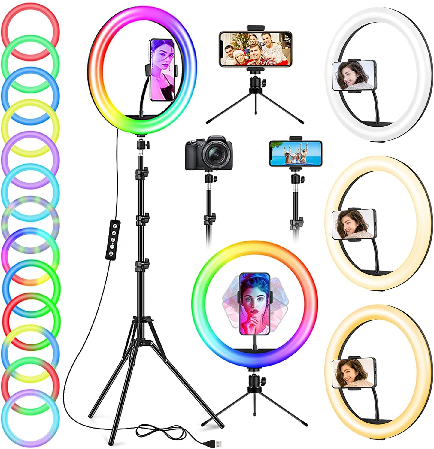 12.6'' Ring Light with Stand and Phone Holder: Totally 74" Tall Led Ringlight Tripod with 40 Color Modes, Floor and Desktop Stand with Circle Lights for Iphone Phone Makeup Video Meeting Live Stream  GerTong   