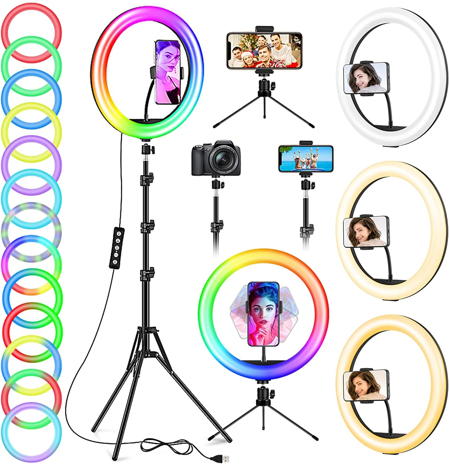 12.6'' Ring Light with Stand and Phone Holder: Totally 74" Tall Led Ringlight Tripod with 40 Color Modes, Floor and Desktop Stand with Circle Lights for Iphone Phone Makeup Video Meeting Live Stream  GerTong   