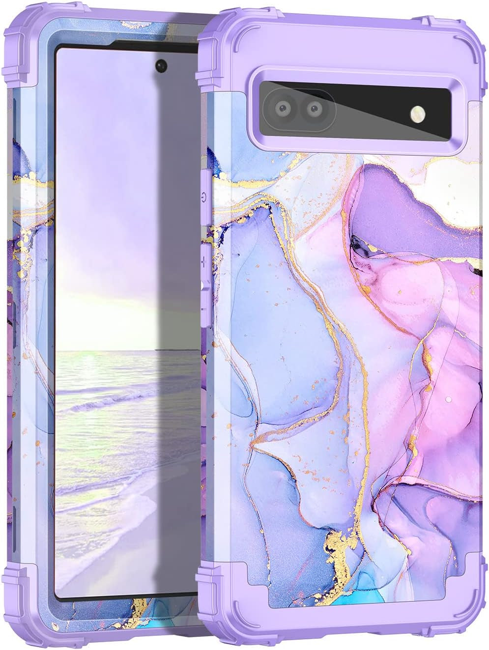 Hekodonk Google Pixel 6A Case (2022) - Heavy Duty Shockproof Hybrid Protection, Hard Plastic & Silicone Rubber, 3-In-1 Drop Protective - Blue Golden  Hekodonk A-Purple Marble  
