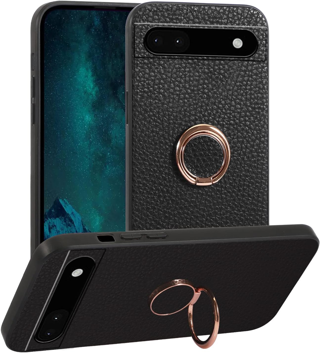 Compatible with Google Pixel 6 Pro Case with Ring Kickstand Pink,Google Pixel 6 Pro Phone Case Lychee Pattern Silicone Shockproof Holder Soft TPU Protective Slim Cover (Pink) …  Wousunly Black  