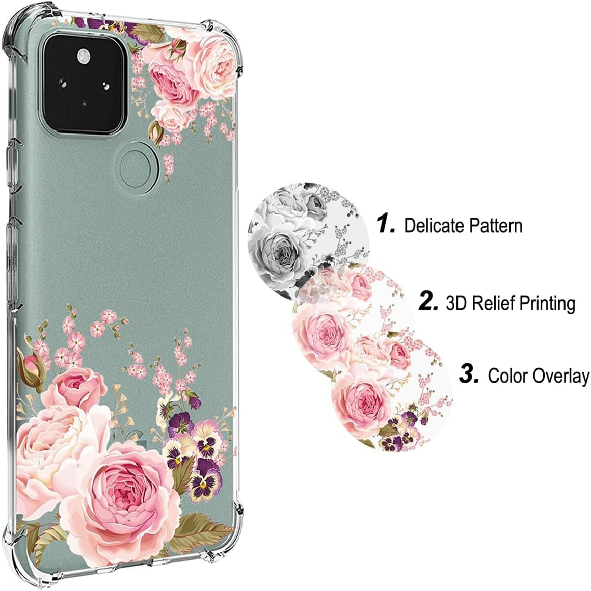 Ueokeird Phone Case for Pixel 5 Case, Google 5 GD1YQ GTT9Q Case Girls Women, Slim Shockproof Clear Floral Pattern Soft Flexible TPU Protective Cover for Google Pixel 5 (Rose Flower)  Ueokeird   