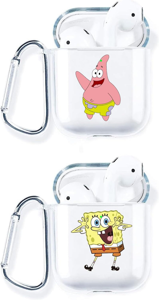 Eokruw[2Pcs] Compatible for Airpods 1&2 Case,Cute Cartoon Characters Soft Clear TPU Case,Stylish Unique Fun Funy Design,With Keychain for Airpods 2/1 Cover Cases, for Boys Girls Youth Teen(Spongebo)  EOKRUW   