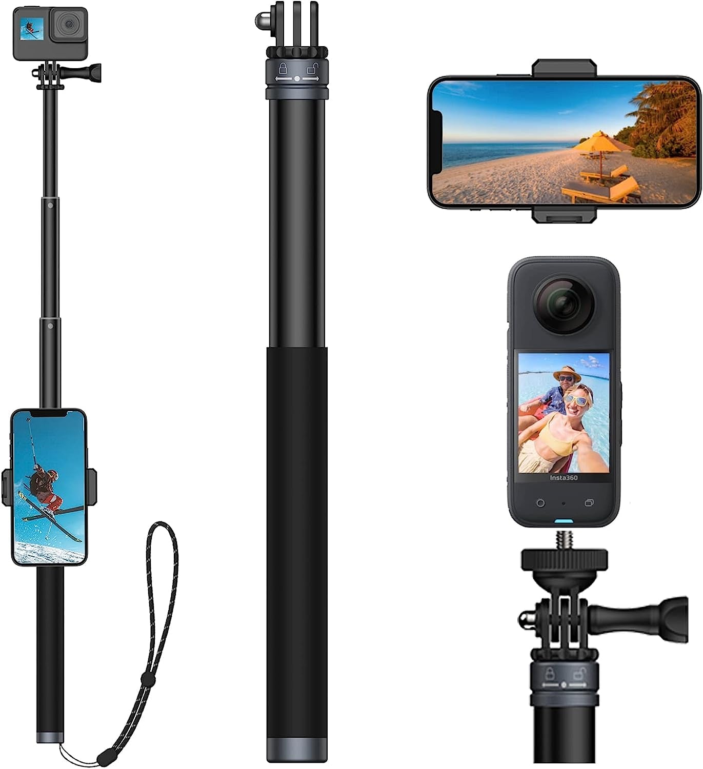 UNIXYZ 36“ Selfie Stick with Tripod Phone Clip Aluminum Waterproof Extension Pole for Gopro Mini Max Hero 11 10 9 8 7 6 5 Insta360 X 2 X3 DJI Action 2 3 Accessories  UNIXYZ Selfie Stick+Phone Clip  