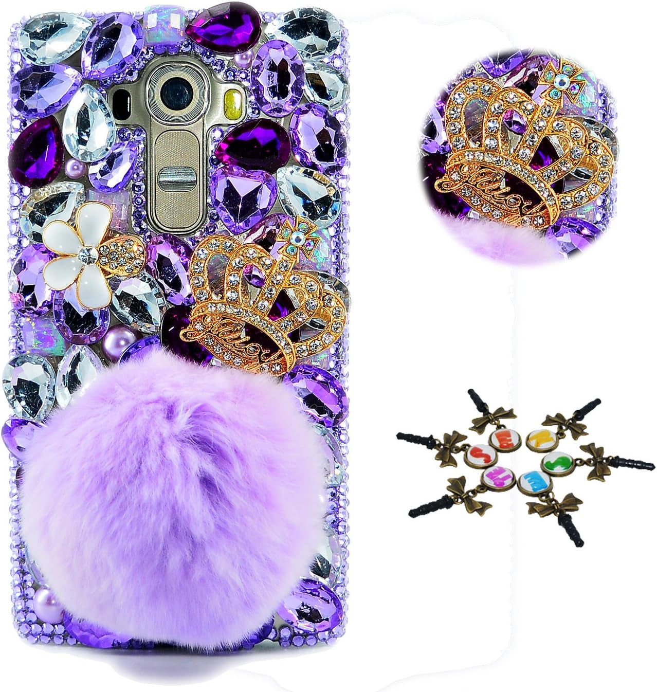 STENES LG G7 Thinq Case - STYLISH - 100+ Bling - 3D Handmade Skull Heart Rhinestone Design Protective Case for LG G7/LG G7 Thinq - Colorful  STENES Crown Rabbit Tails Villus Flowers / Purple  