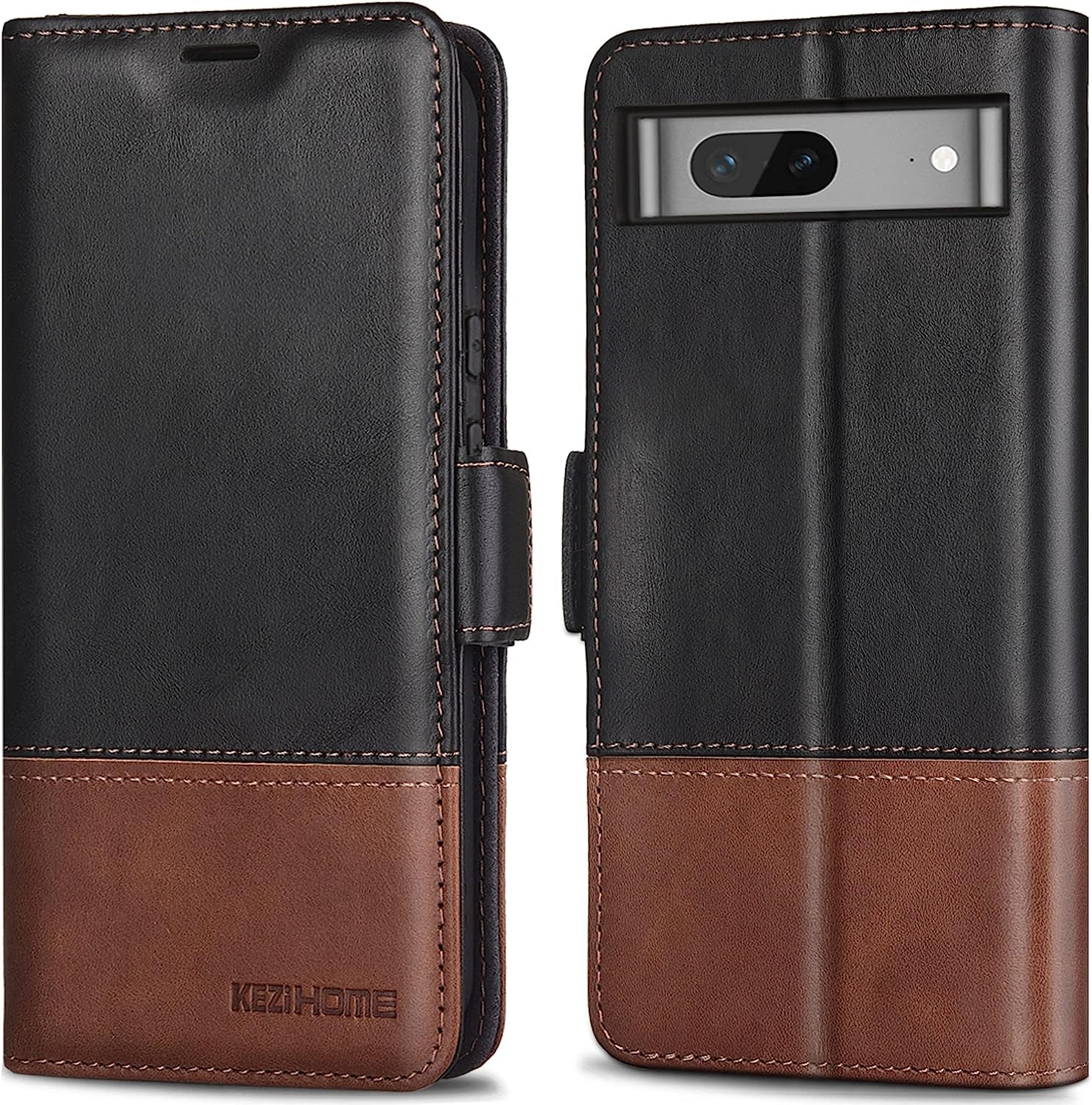 Kezihome Case for Google Pixel 7A, Genuine Leather Wallet Case with Card Holder [RFID Blocking] Kickstand Flip Protective Heavy Duty Phone Cover for Google Pixel 7A 5G 2023 (Red/Brown)  KEZiHOME Black/Brown Google Pixel 7 