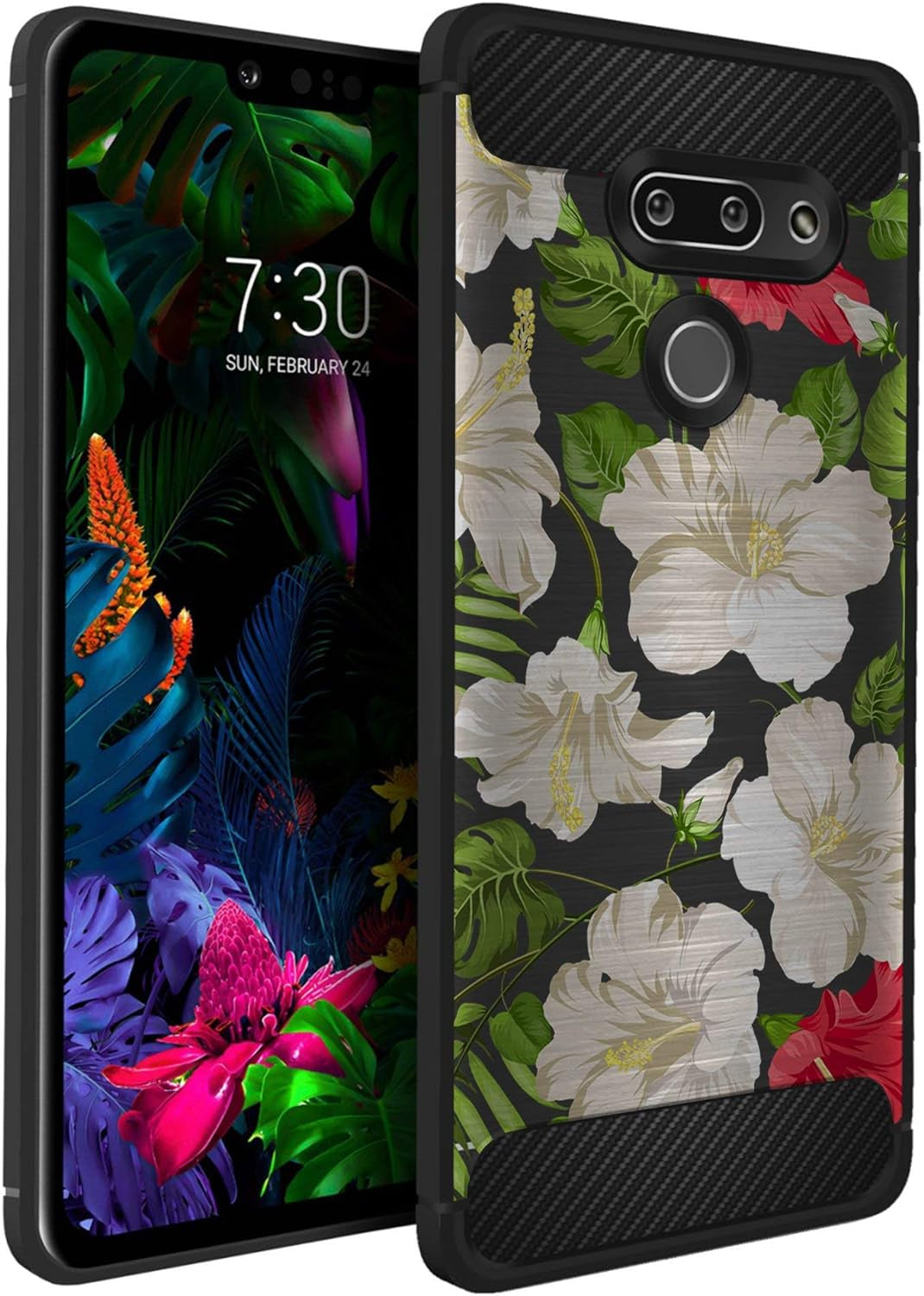 Casesondeck Case Compatible with [LG G8 Thinq/Lg G8] Tribal Floral Matte TPU Flexible Carbon Fiber Textured (Buffalo Western)  CasesonDeck White Flowers  