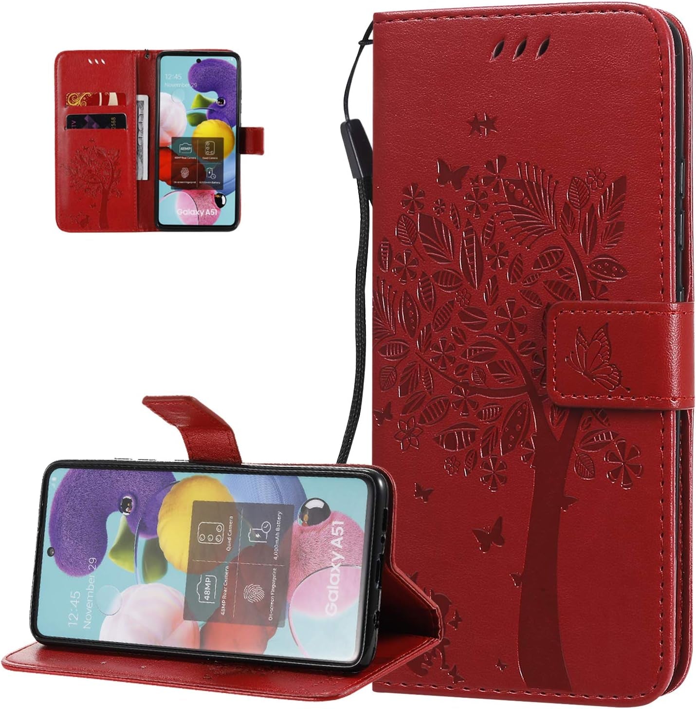 LEMAXELERS Google Pixel 4A 5G Case Embossed Wishing Tree Wallet Shockproof Case Flip Premium PU Leather Magnetic Card Slots with Stand Cover for Google Pixel 4A 5G / Pixel 5 XL Wishing Tree Red KT  LEMAXELERS   