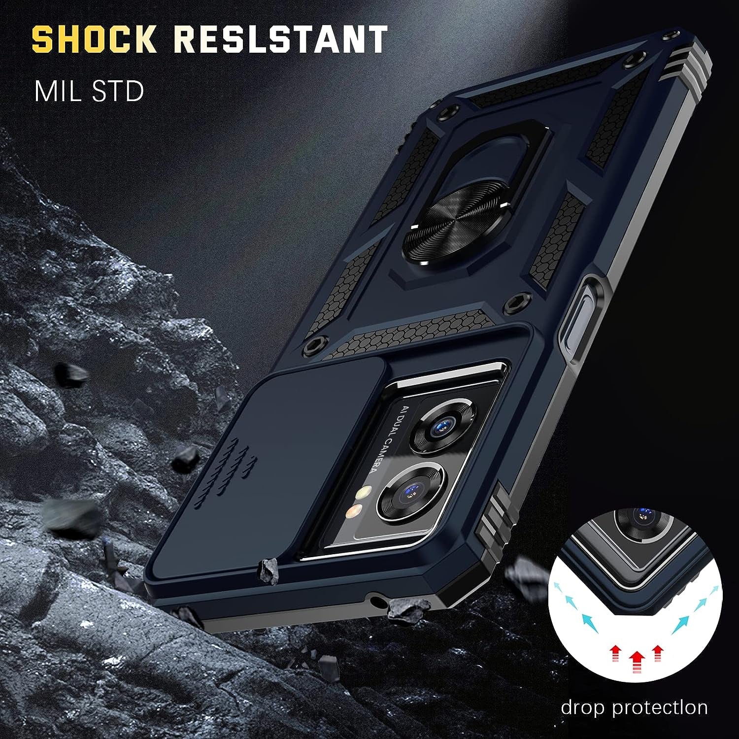 Oneplus Nord N300 5G Case + Tempered Glass Screen Protector with Kickstand & Slide Lens Protector Cover,Heavy Duty Armor Shockproof Rugged Military Grade Protective Case for Oneplus N300 5G (Navy)  Dretal   