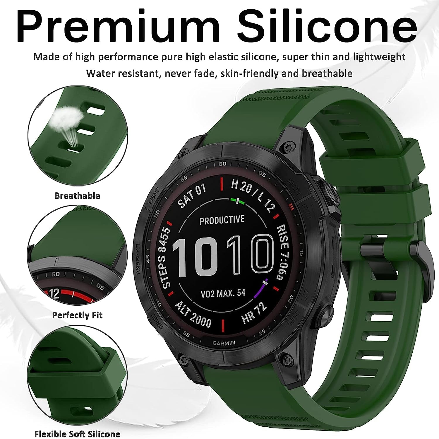 Miimall Compatible for Garmin Fenix 7 Watch Band 22Mm Sport Soft Silicone Flexible Watch Strap Quick Fit Silicone Band Strap for Garmin Fenix 7/7 Sapphire Solar/Fenix 6/6 Pro//Fenix 5 22Mm(Green)  Miimall   