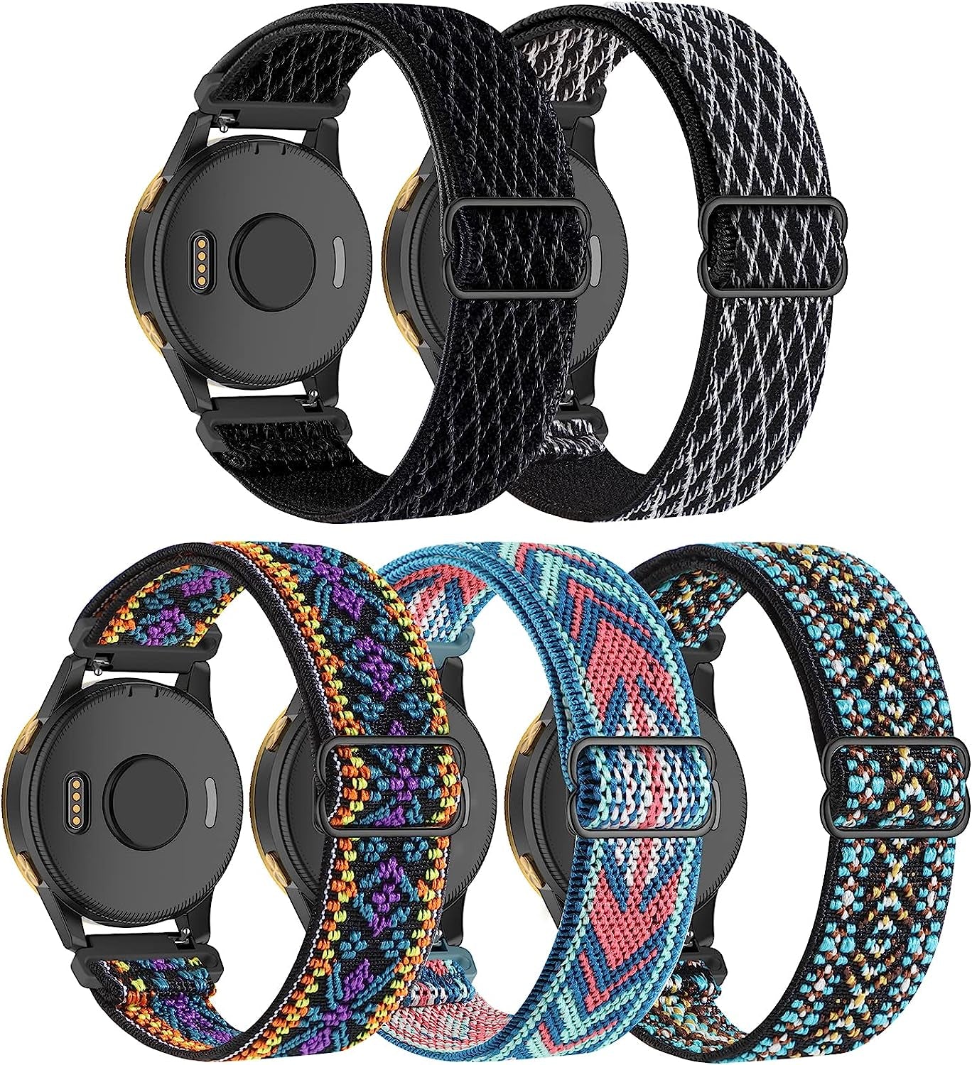 Oanux Stretchy Bands Compatible with Garmin Forerunner 245/245 Music/Venu/Vivoactive 3/Venu Sq/Vivoactive 3 Music/Vivomove Hr/Forerunner 645/645 Music/Venu 2 Plus(5 Pack)  Oanux Green Arrow/ Bohemian Green/ Bohemian Blue/ Dark Black/ Black White  