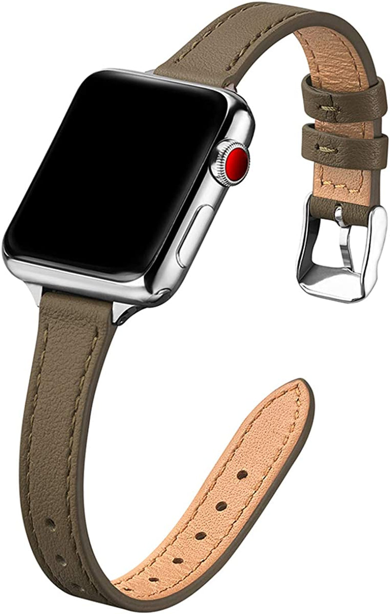 STIROLL Slim Leather Bands Compatible with Apple Watch Band 38Mm 40Mm 41Mm 42Mm 44Mm 45Mm 49Mm, Top Grain Leather Watch Thin Wristband for Iwatch Ultra SE Series 8/7/6/5/4/3/2/1  STIROLL Taupe with Silver 42mm/44mm/45mm/49mm 