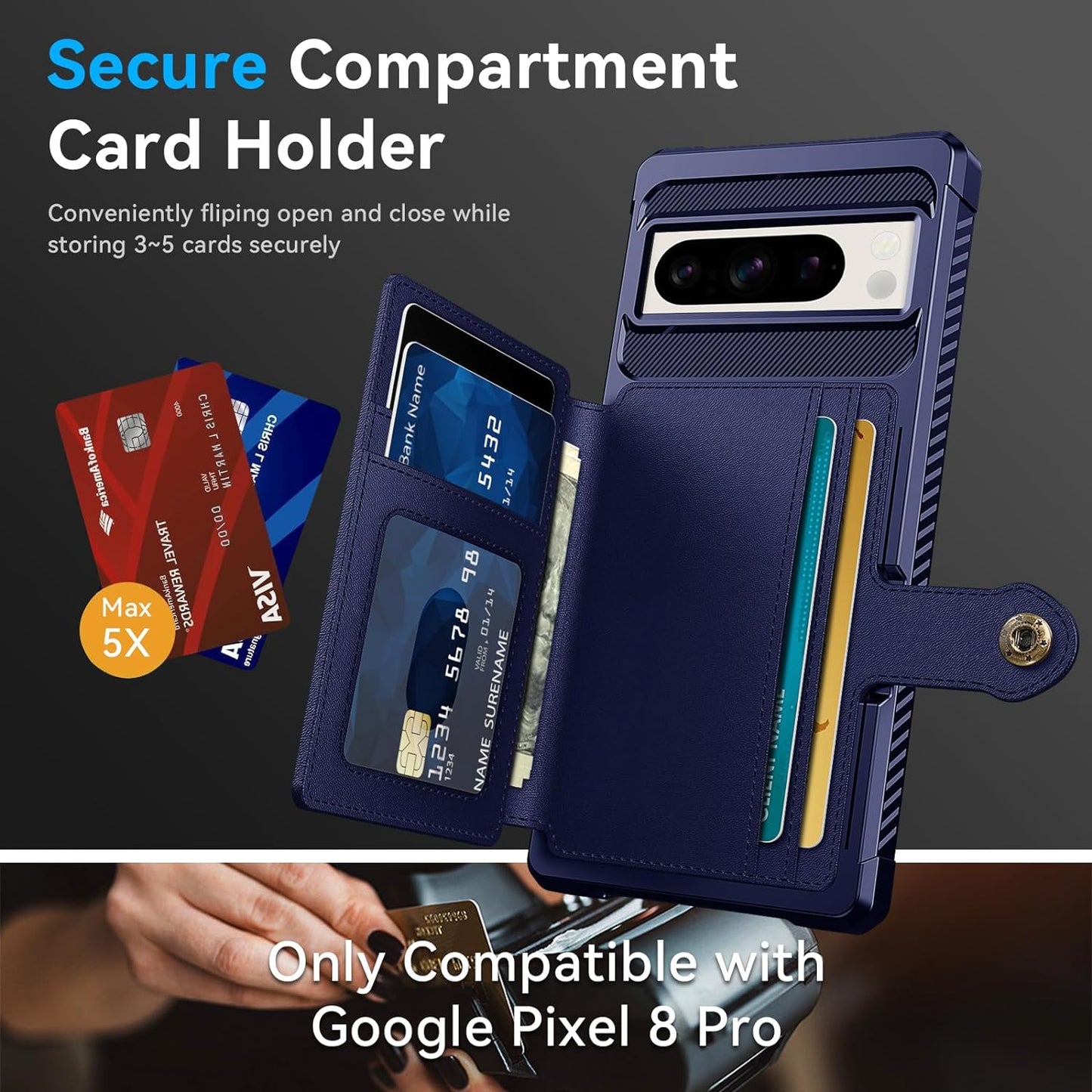 Goosebox for Google Pixel 8 Pro Case with Card Holder(5 Cards), Google 8 Pro Wallet Case Built-In Kickstand Magnetic Flip Snap Soft TPU+PU Leather Durable Shockproof Case for Google 8 Pro (Blue)  GooseBox   
