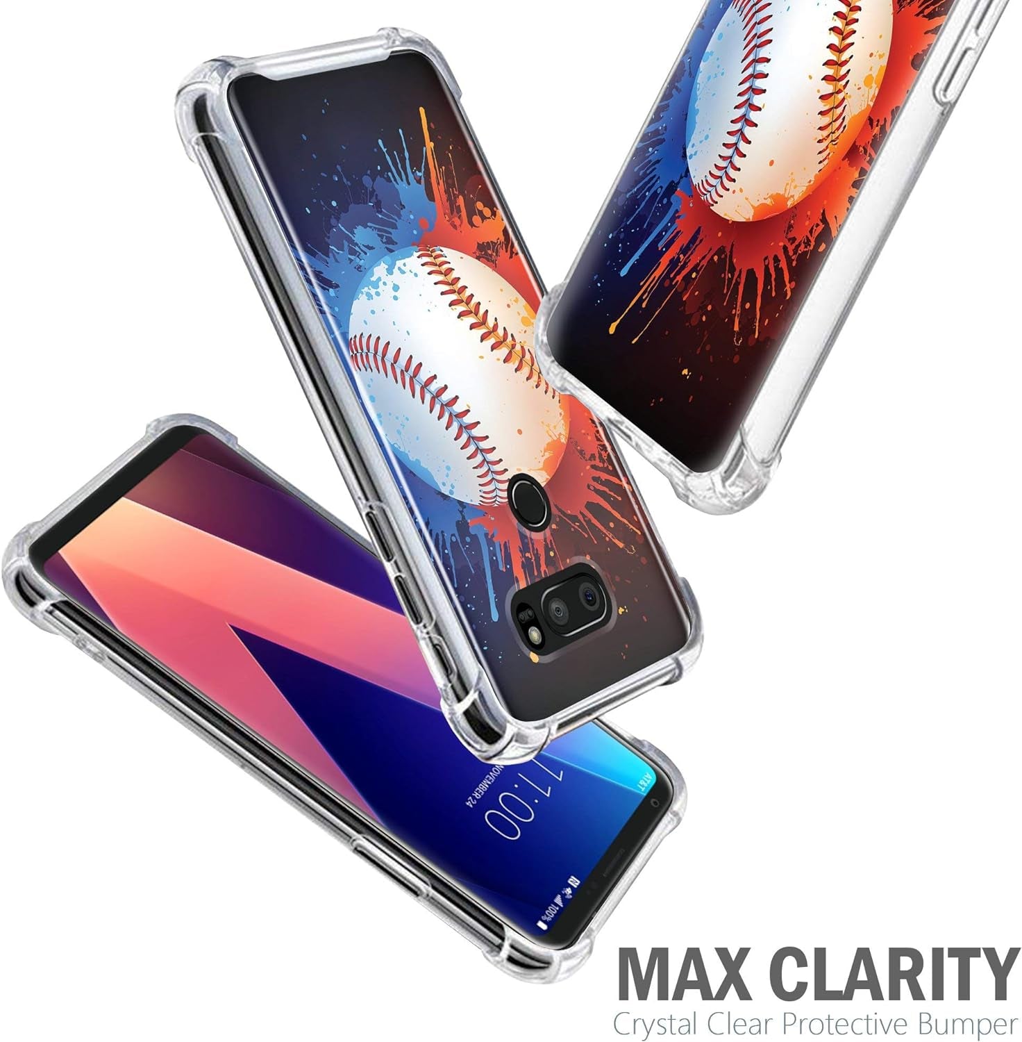 Casesondeck Clear Case Compatible with [LG V30S Thinq and LG V30] Slim Fit Premium Hybrid Shockproof Flexible TPU Case (Baseball)  CasesonDeck   
