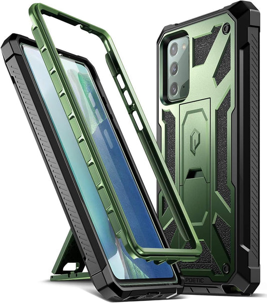 Poetic Spartan Series for Samsung Galaxy Note 20 Case, Full-Body Rugged Dual-Layer Metallic Color Accent with Premium Leather Texture Shockproof Protective Cover with Kickstand, Metallic Green  Poetic   
