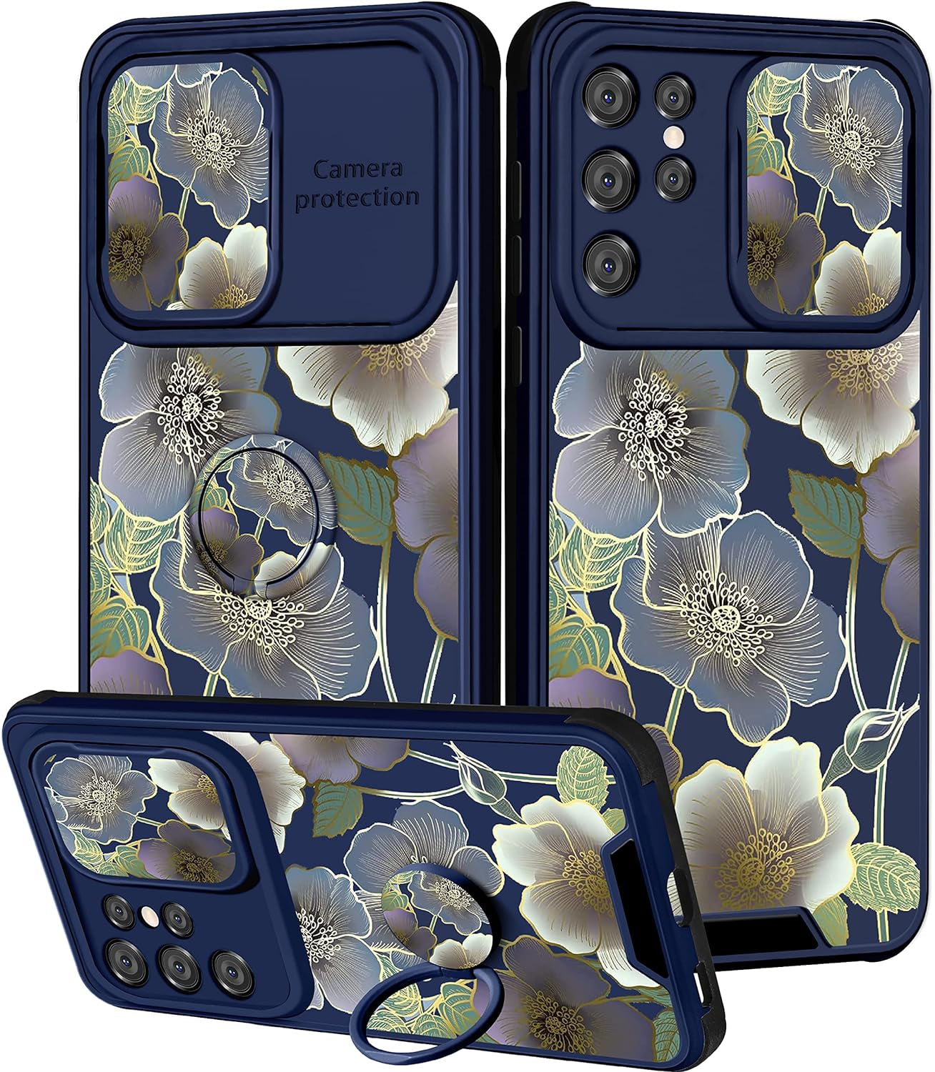 Goocrux for Samsung Galaxy S21 Ultra Case Floral Flowers for Women Girls Cute Girly Phone Cover Blue Flower Plants Design with Slide Camera Cover and Ring Holder Fashion Cases for S21 Ultra 6.8''  Goocrux Peony  