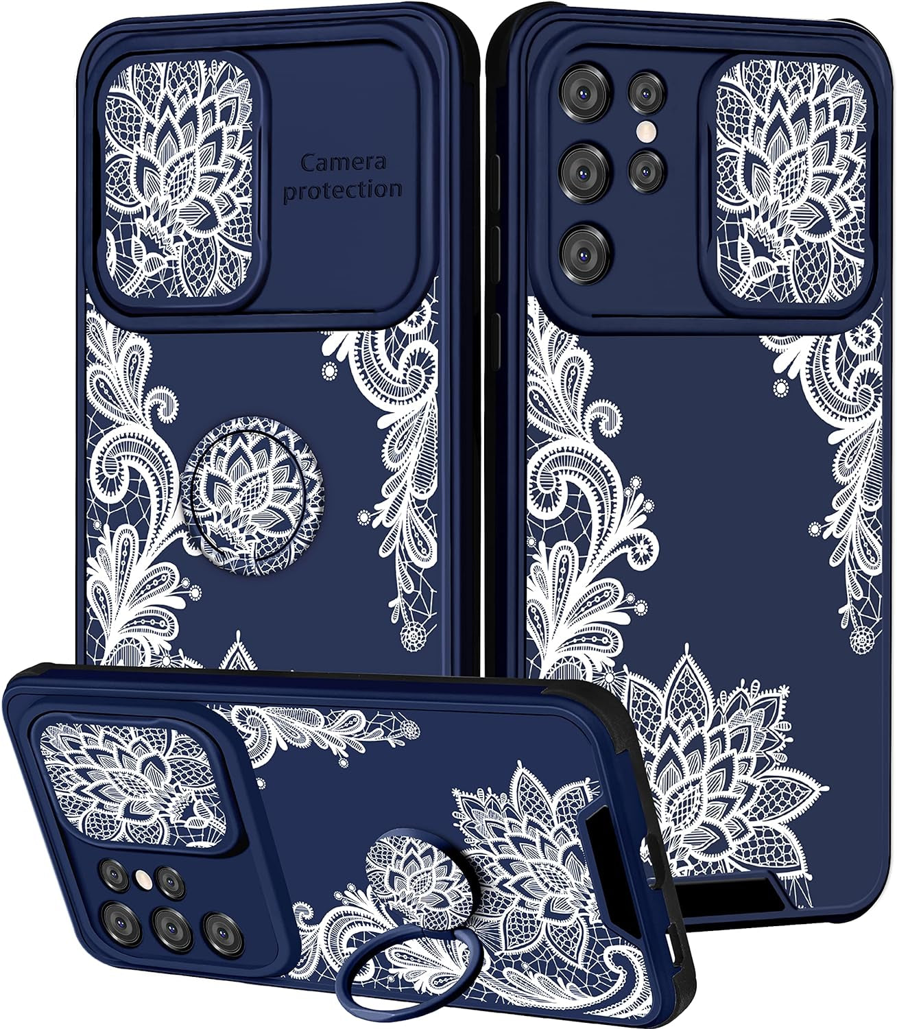 Goocrux for Samsung Galaxy S21 Ultra Case Floral Flowers for Women Girls Cute Girly Phone Cover Blue Flower Plants Design with Slide Camera Cover and Ring Holder Fashion Cases for S21 Ultra 6.8''  Goocrux White Lace  