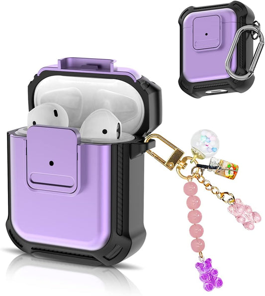YIPINJIA [5 in 1] Case for Airpods 2&1 with Secure Lock, PC+TPU Shockproof Protective Airpods Cover Case for Women Compatible with Airpods 1 & Airpods 2 Case with Fashion Candy Keychain (Purple)  YIPINJIA   