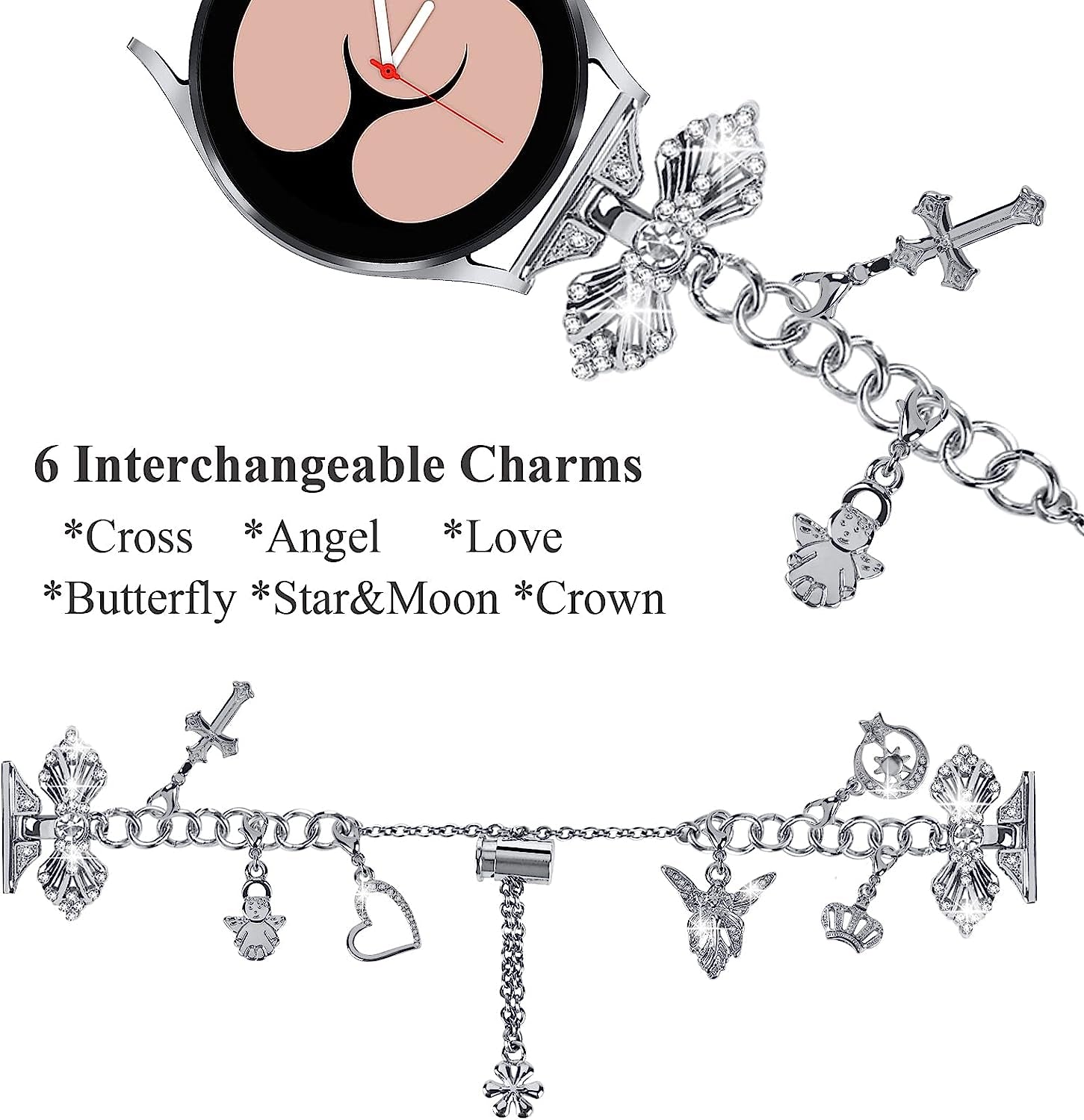 Yomisa Compatible with Samsung Galaxy Watch 5&4/Active 2 40Mm 44Mm Band/Galaxy Watch 5 Pro 45Mm/Watch 4 Classic 42Mm 46Mm,20Mm Bling Diamond Bracelet Cute Charms Dressy Jewelry Metal Strap for Women  Yomisa   