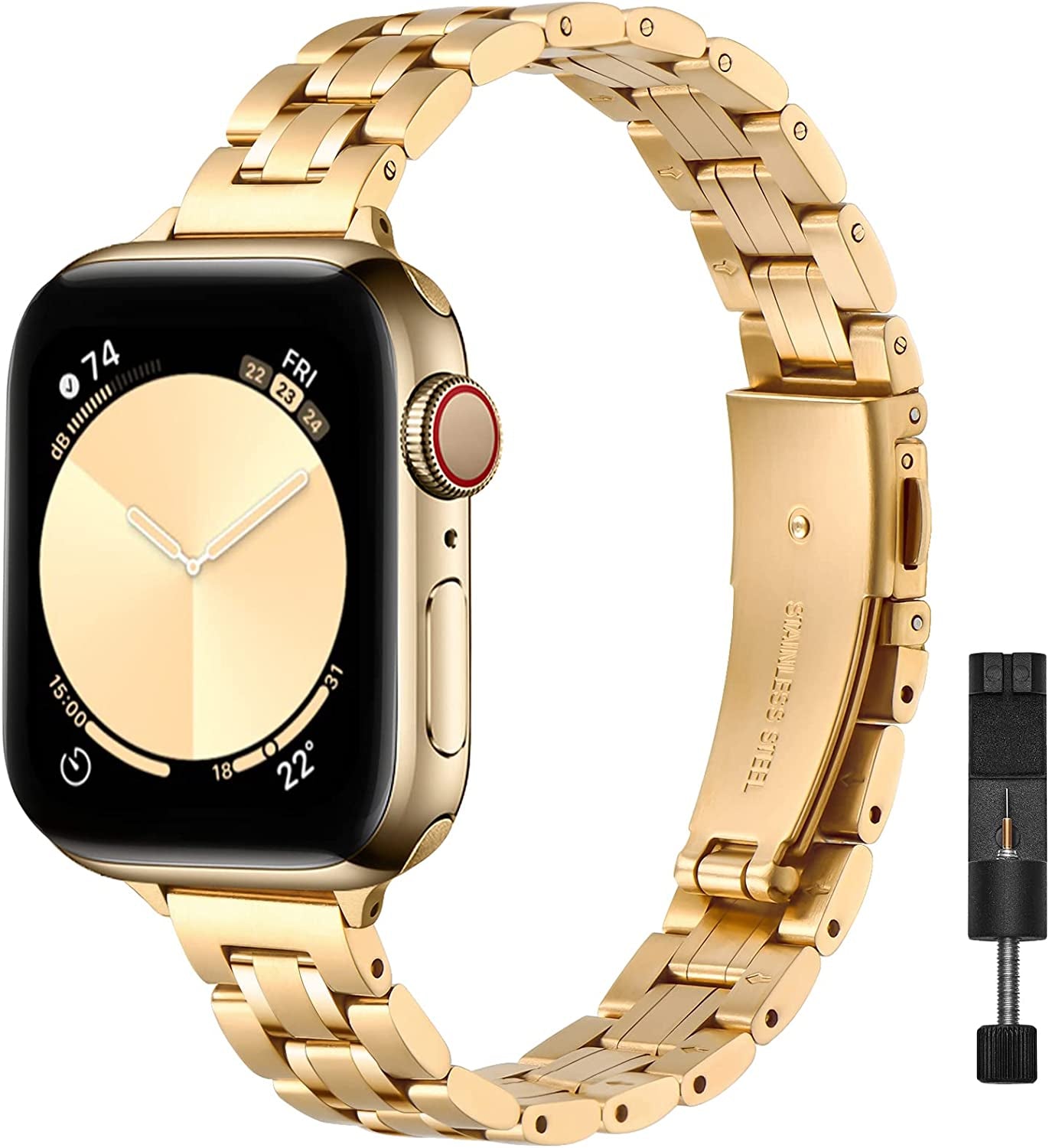 STIROLL Thin Replacement Band Compatible for Apple Watch 38Mm 40Mm 41Mm 42Mm 44Mm 45Mm 49Mm, Stainless Steel Metal Wristband Women Men for Iwatch Ultra SE Series 8/7/6/5/4/3/2/1(Silver+Rose Gold)  STIROLL Gold 42mm/44mm/45mm/49mm 