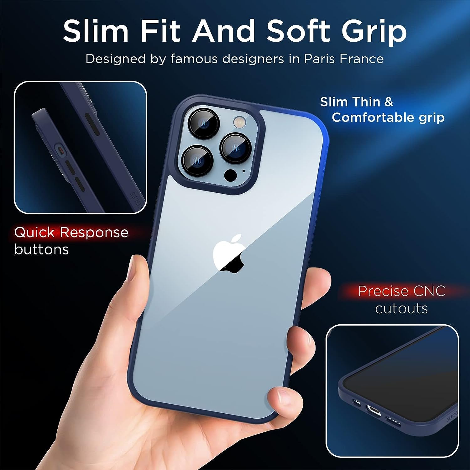 [2023 New] for Iphone 13 Pro Case Clear, [Non-Yellowing] [Military Drop Protection] Shockproof Bumper Slim Fit Phone Case Thin Cover for Apple 13Pro (6.1 In, Clear-Navy Blue)  Gotrays Gavin LLC   
