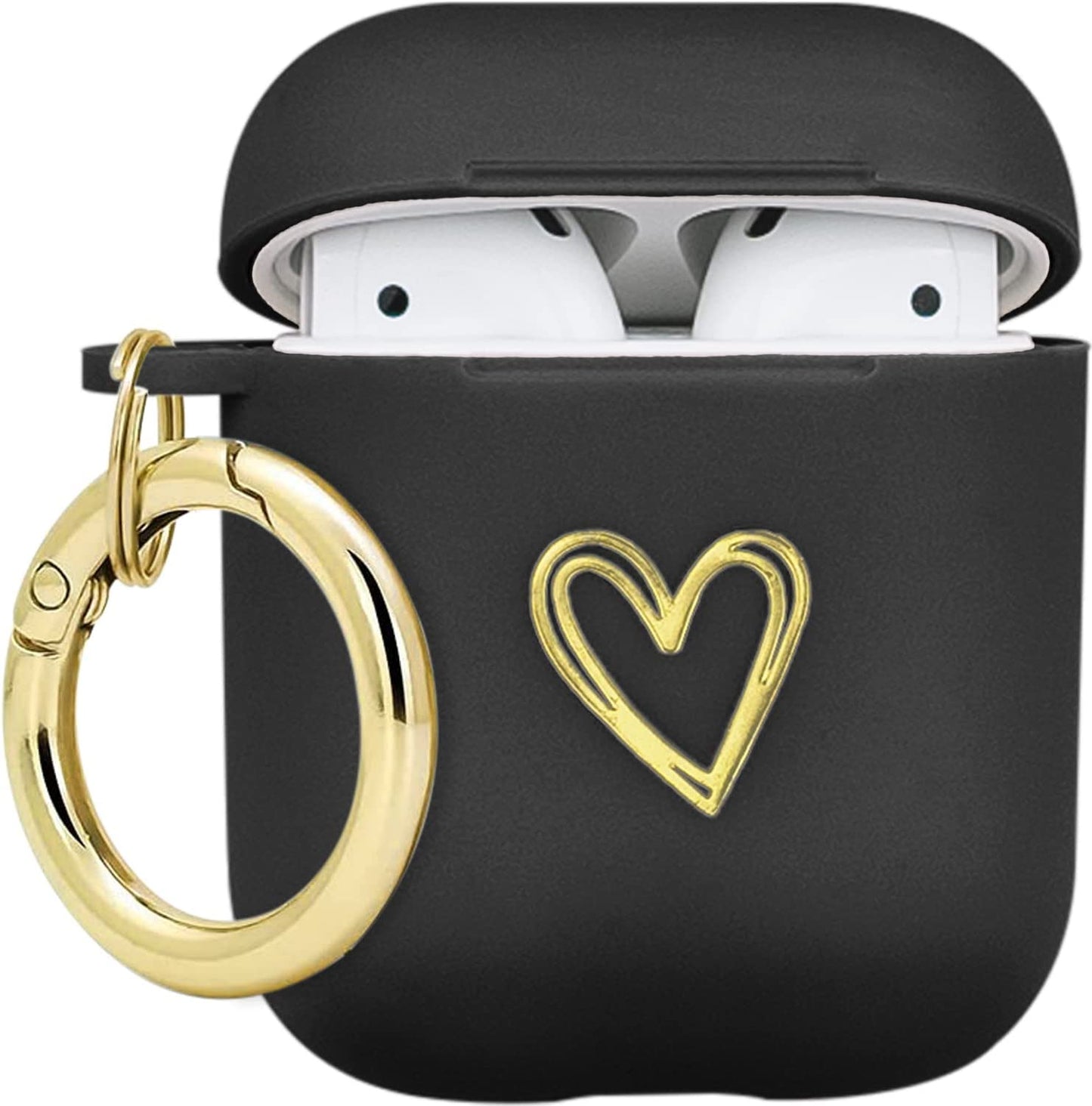 Wonjury Airpods Case Soft TPU Gold Heart Pattern Cute with Keychain Shockproof Cover Case for Girls Woman Apple Airpods 2 &1 - Black+White  Wonjury Black  
